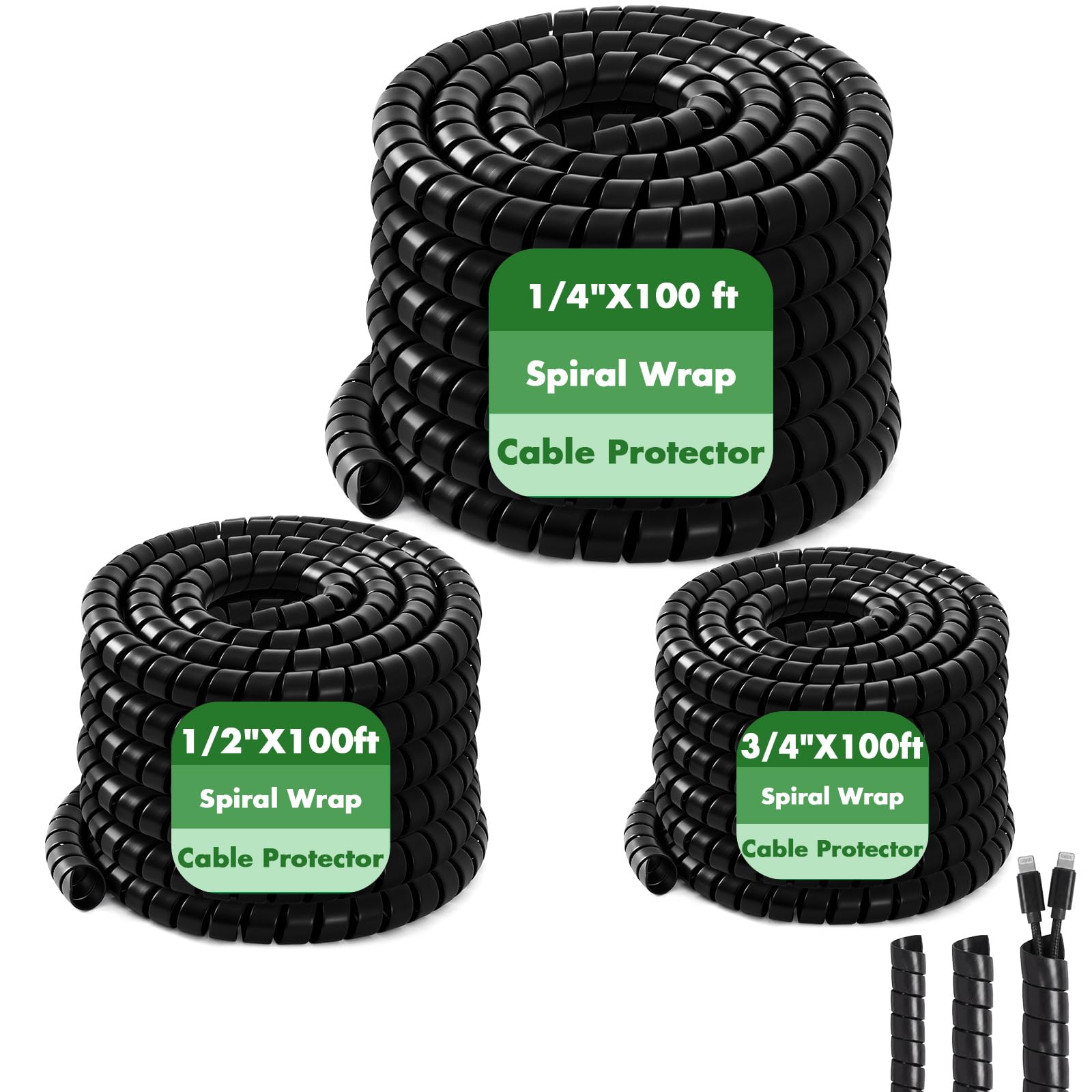 Lot de 3 protections de câble en spirale, sûres de 6,35 mm + 1,9 cm + 1,2 cm de diamètre extérieur x 30,5 m de longueur prédécoupée pour éviter l'usure et prolonger la durée de vie des tuyaux
