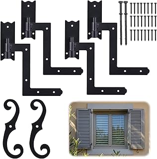 Black Shutter Hinges and S Holdback Hooks with Attachment Hardware Metal 6.5" Shutter Dog Holders and 1-1/16" Blind Shutters Hinges for Heavy Duty Wood Frame, Brick, Doors, Window (1 Set)