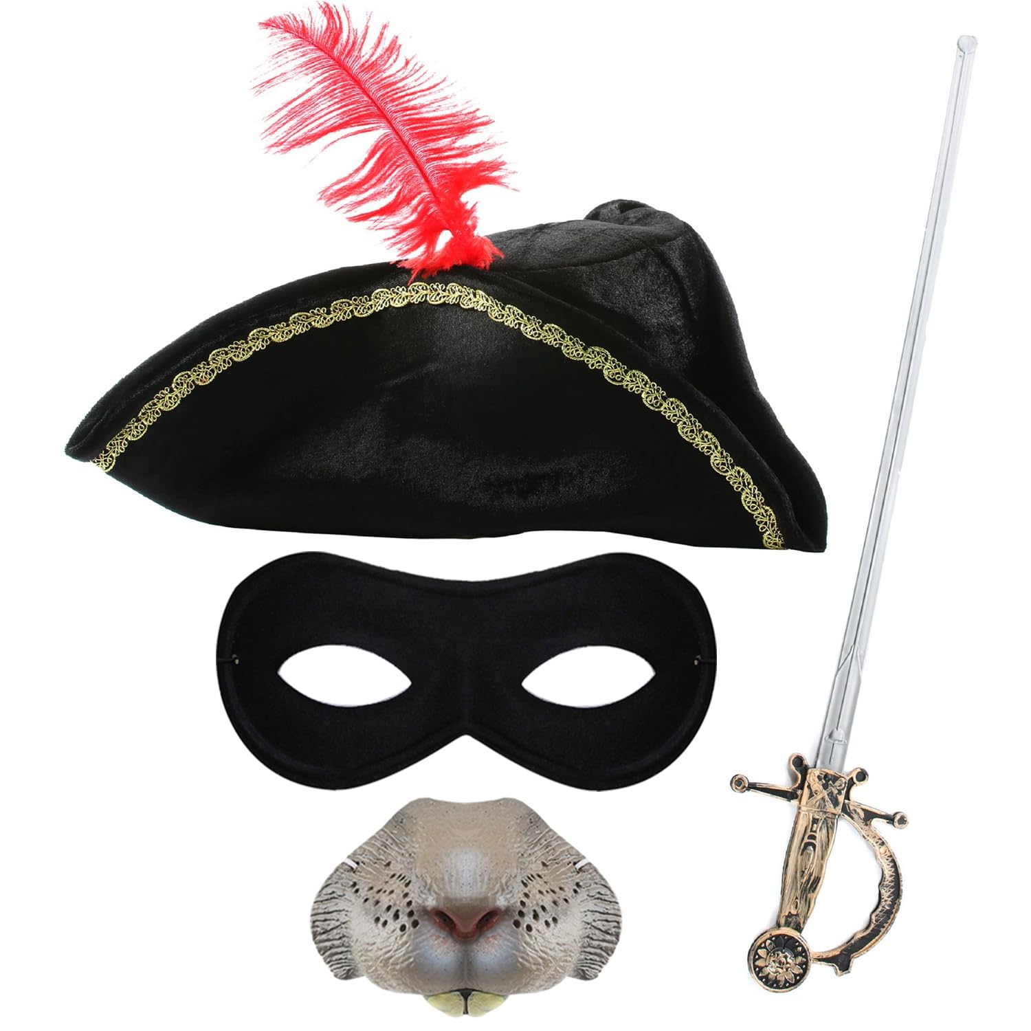 Adults Highwayman Rodent Accessory Set - Black Tricorn Hat with Red Feather, Rat Nose, Foil Sword, Black Eye Mask - Mens Womens Halloween World Book Day Fancy Dress Costume Accessories