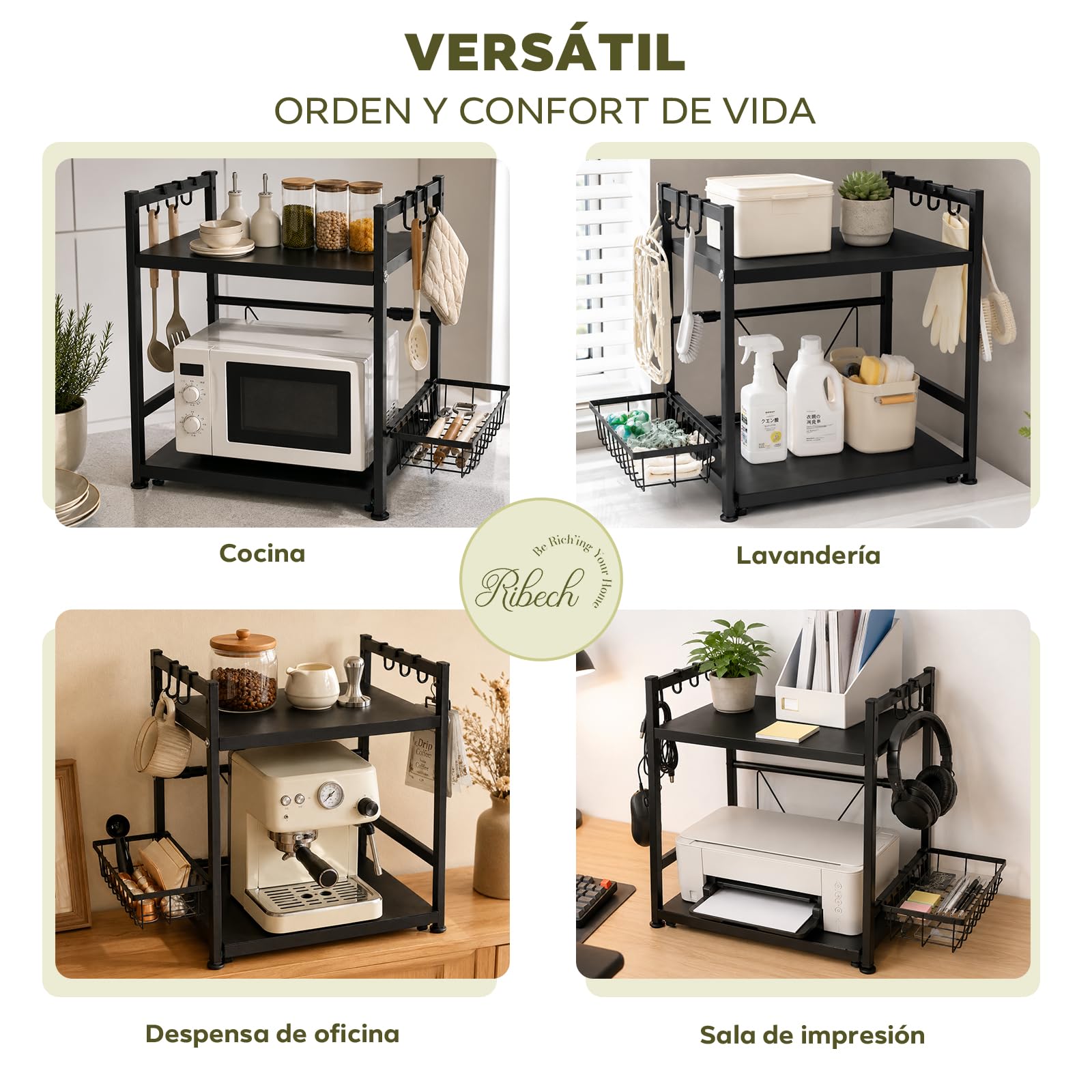 Soporte Microondas Ajustable, Bandeja Extraíble, Cesta & Ganchos | Alta Capacidad De Carga | Protección Antideslizante | Montaje Rápido | Limpieza Fácil | Almacenamiento Seguro