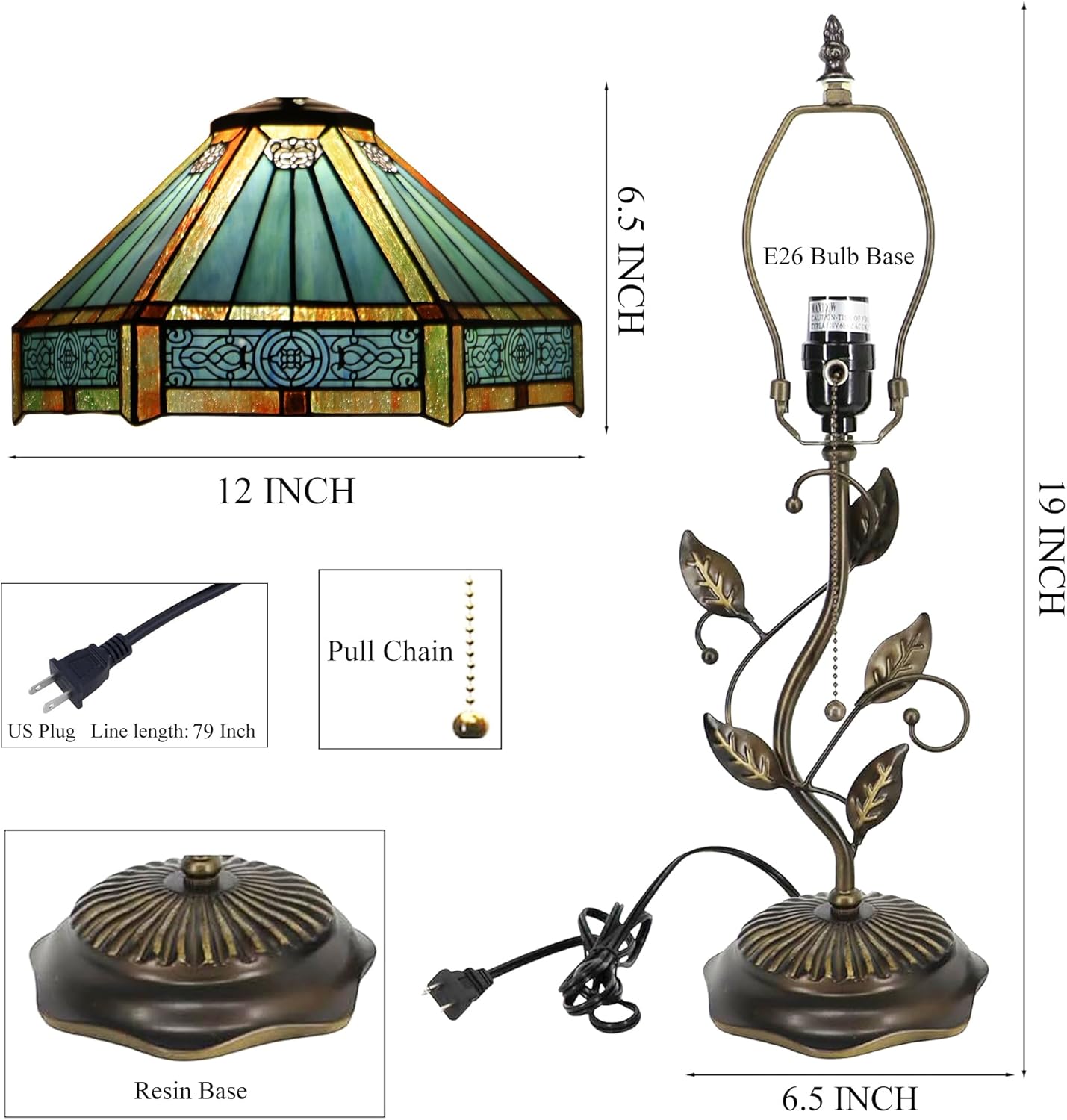 Tiffany Table Lamp Stained Glass Desk Lamp Metal Leaf Base Reading Light 12X19 Inch (Hexagon Mission Style)