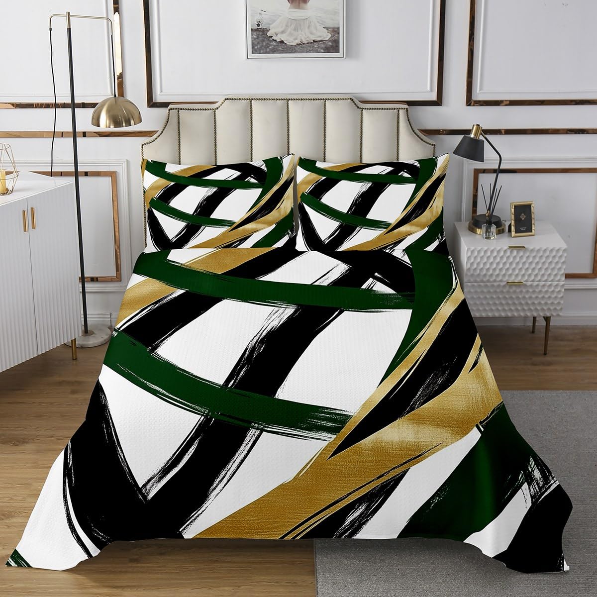 Abstract Stripe Patchwork Kids Bedspread Twin Size,Geometric Line Artwork Modern Coverlet Set,Girls Boys Room Decor,Geometry Waves Quilted Coverlet,Black Green Golden Bedding Quilt,1 Pillowcase