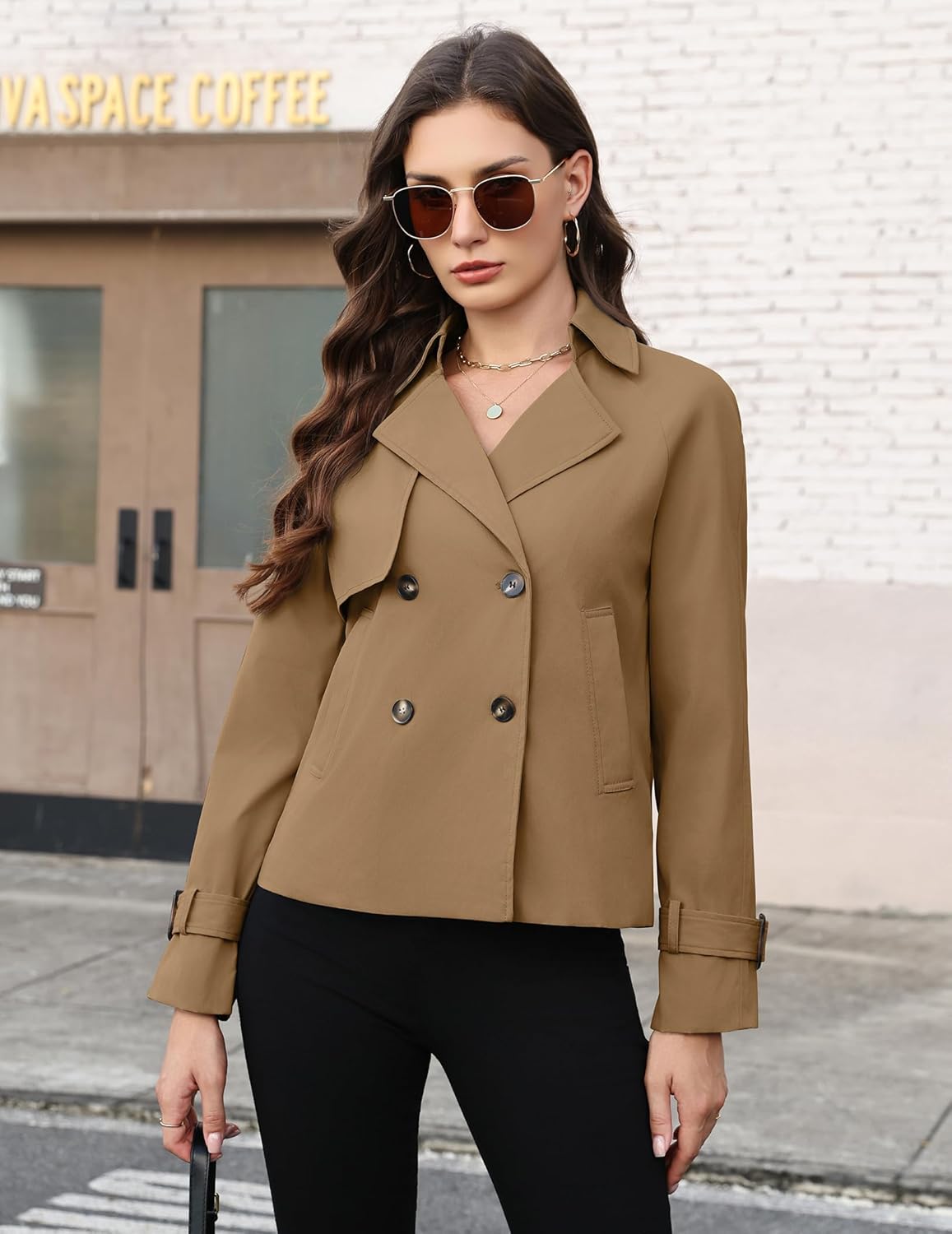 AGSEEM Womens Cropped Trench Coat Casual Double Breasted Long Sleeve Lapel Short Jackets with Pockets Fashion Outerwear 2026 - Image 3