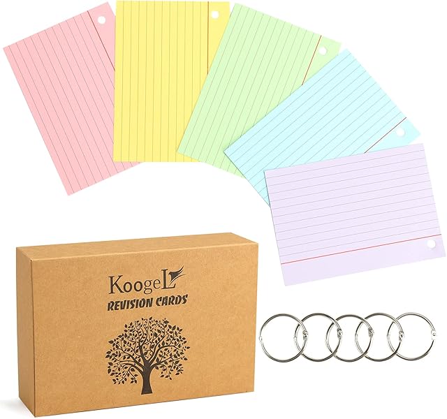 Koogel A7 Ruled Index Cards, 400Pcs Revision Cards Assorted Colours Record Cards for Office School Learning