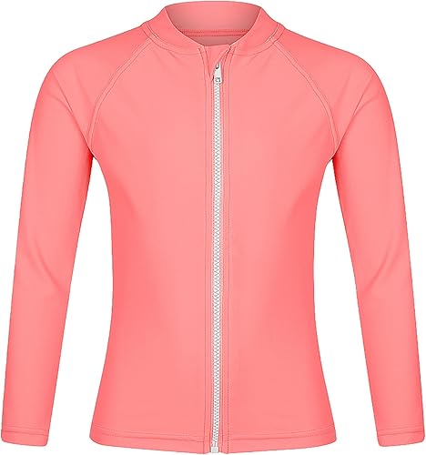 Tame the Sun Girls Long Sleeve UPF 50+ Rash Guard Swim Shirt - One Piece Zipper Toddler Swim Shirt for Girls