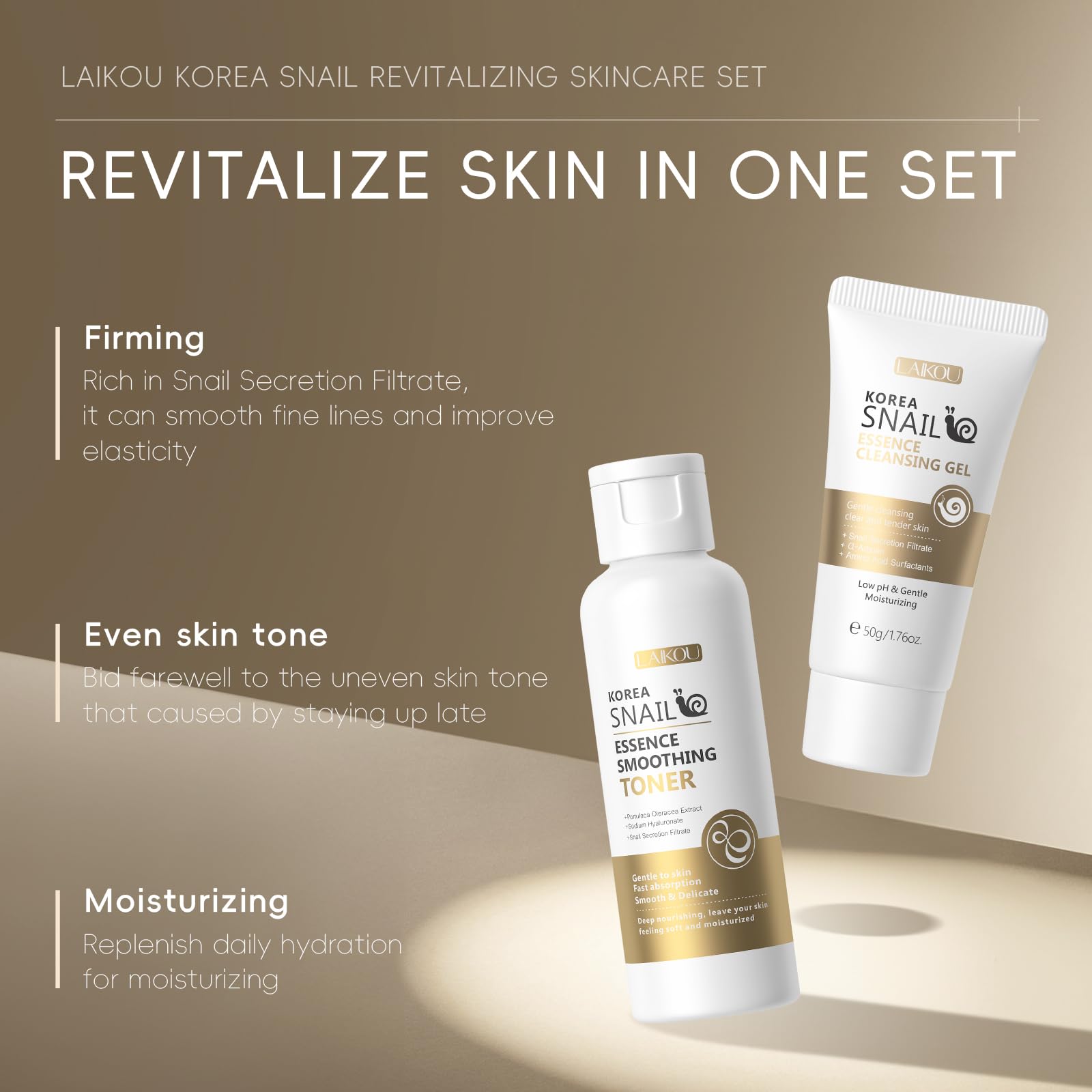 LAIKOU Korea Snail Mucin Skincare Set, Face Care Kit with Hyaluronic Acid, Niacinamide & Red Ginseng, Hydrating Cleanser - Image 2