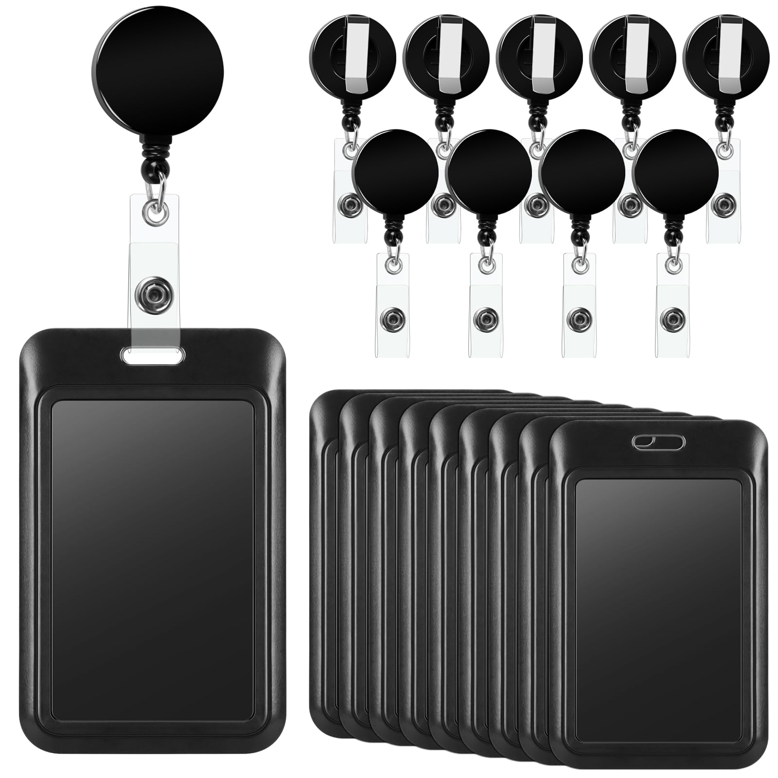 TKOnline10 Pack Black Sliding ID Badge Holder with Retractable Badge Reel Clips, Hard Plastic Work Badge Sleeve for ID Credit Cards, Office School ID, Passes, Driver Licenses and Proximity Key Cards