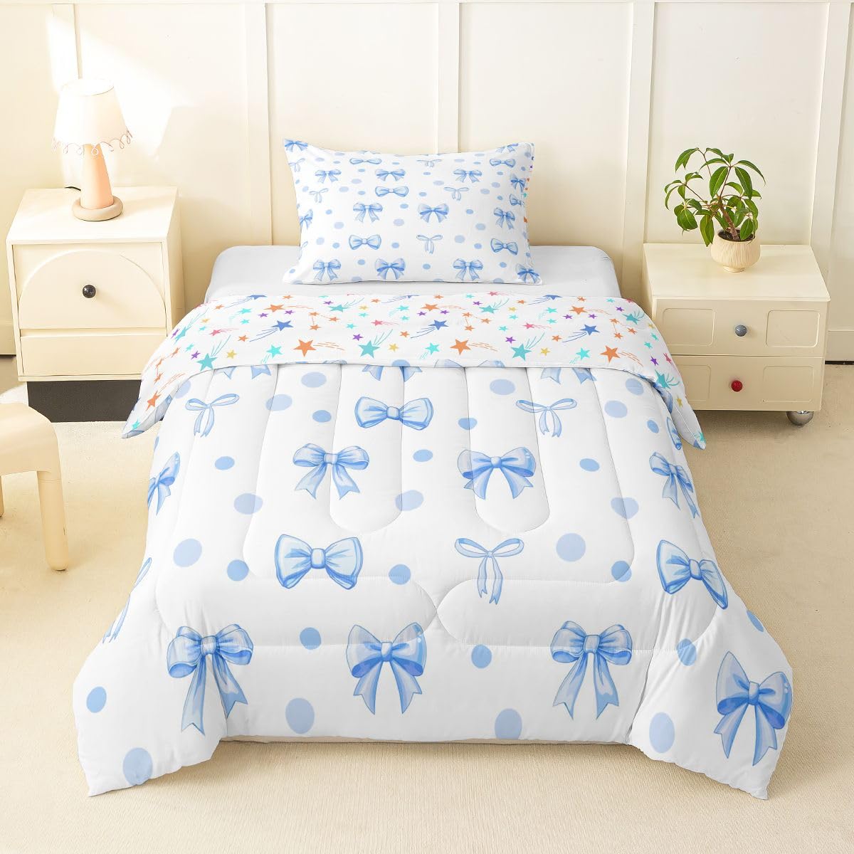 Erosebridal Blue Bow Tie Twin Bedding Sets for Girls, Cute Coquette Bowknot Comforter Set for Kids, Blue and White Polka Dot Bed Set, Princess Ribbon Bows Room Decor (1 Pillowcase)