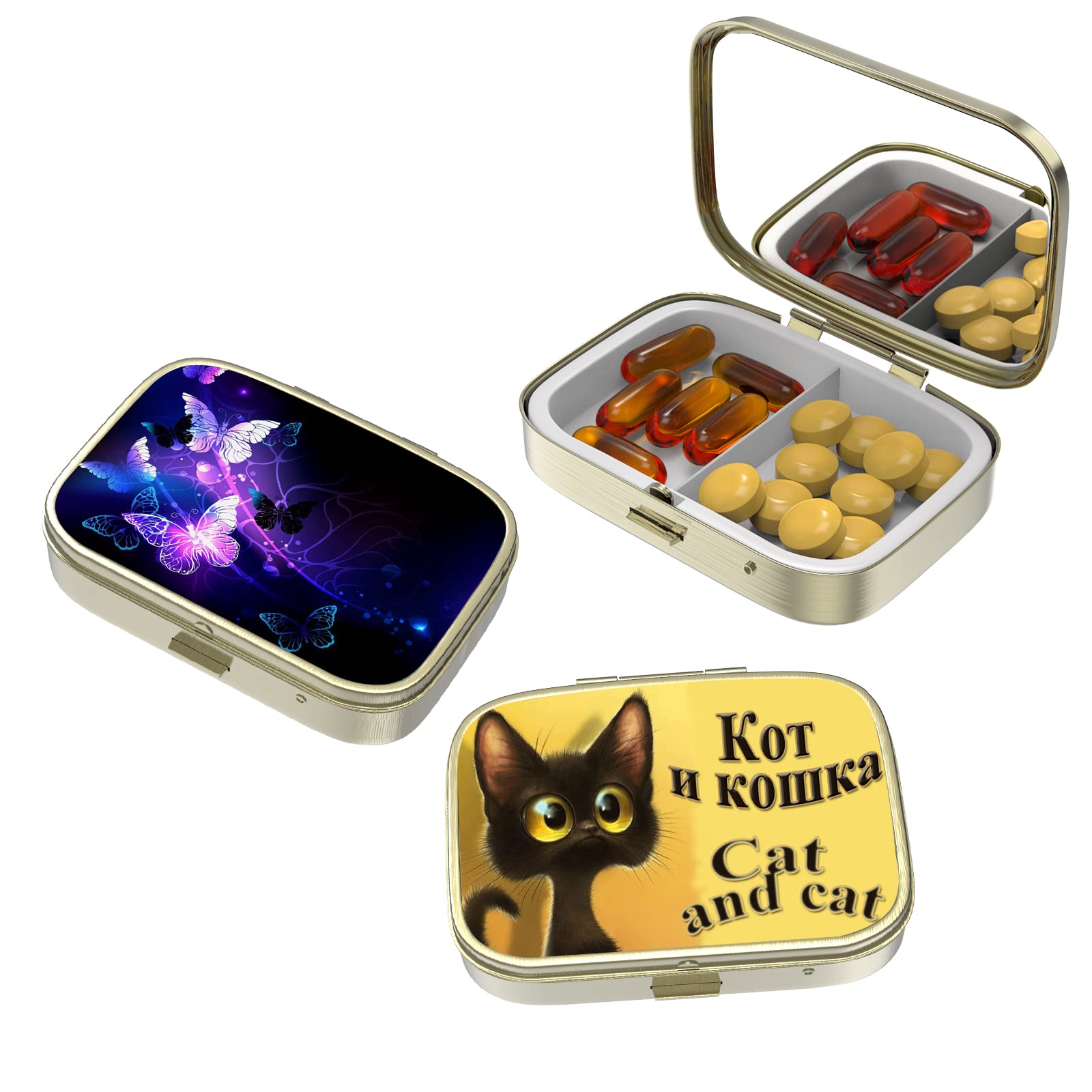 Serfeymi Cute Small Pill case for Pockets & Purses,Elegant Pill Box Makes a Great Gift,2 Compartment Travel Medicine Organizer Stores Progesterone,Capsule Pills, Ibuprofen, Vitamins, Earrings Back Bronze-2f 2 piece