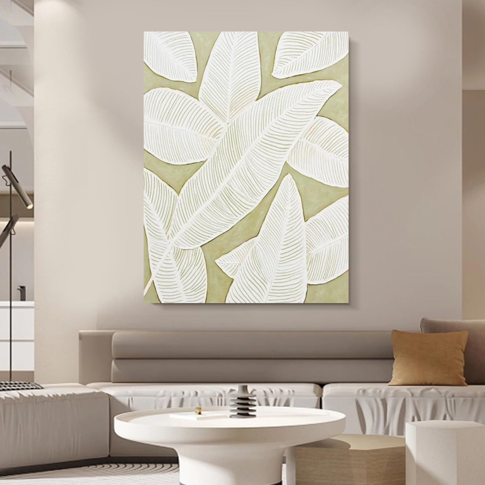 Peinture à l'huile wabi-sabi abstrait feuilles texture tableau décoration murale grand format