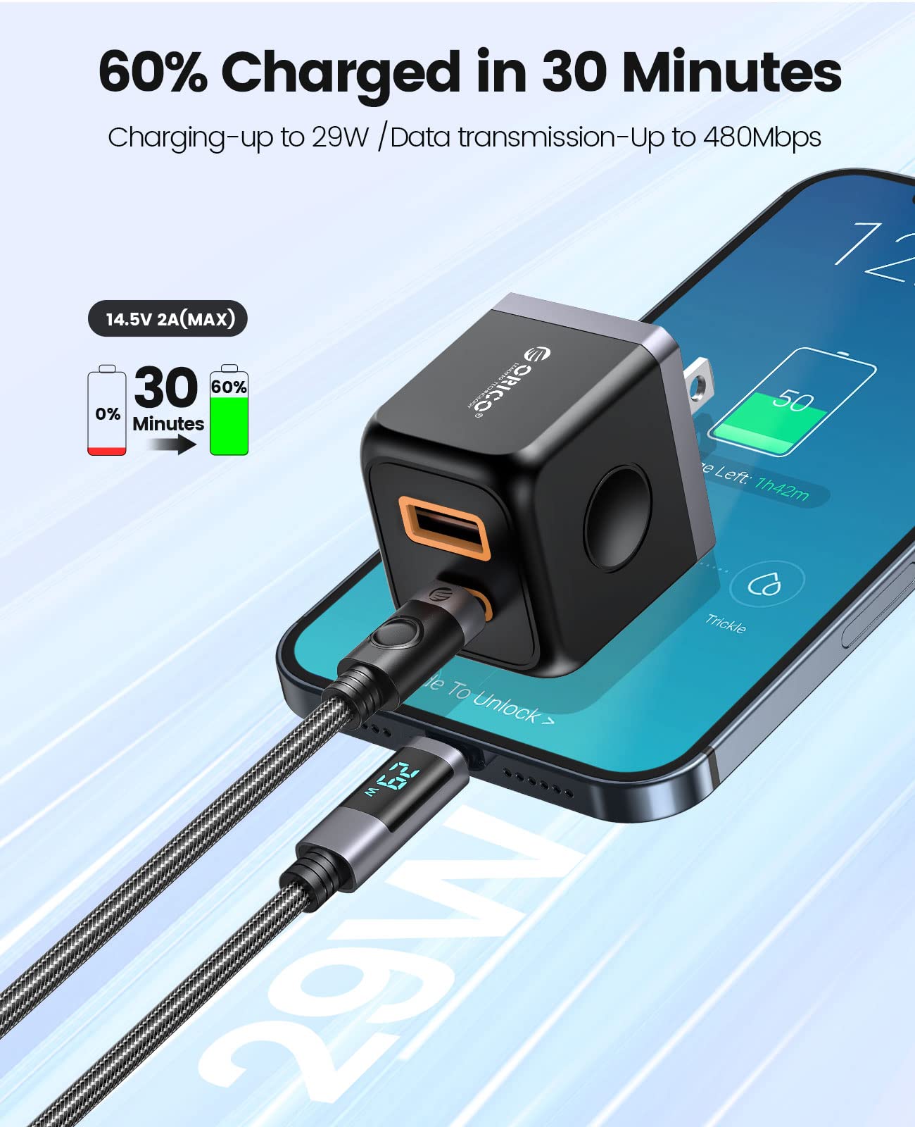 ORICO Cavo da USB-C a Lightning, cavo di sincronizzazione PD da 29 W, display a LED a ricarica rapida
