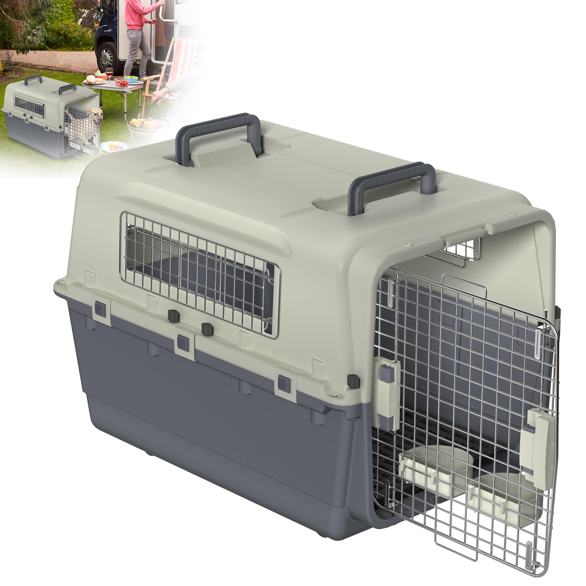 XMTECH Hundetransportbox Transportbox Flugzeugbox für Tiere, Reisebox für Hunde, mit Sicherheitsverriegelung & Lüftungsgitter, L 80 x B 57 x H 57 cm