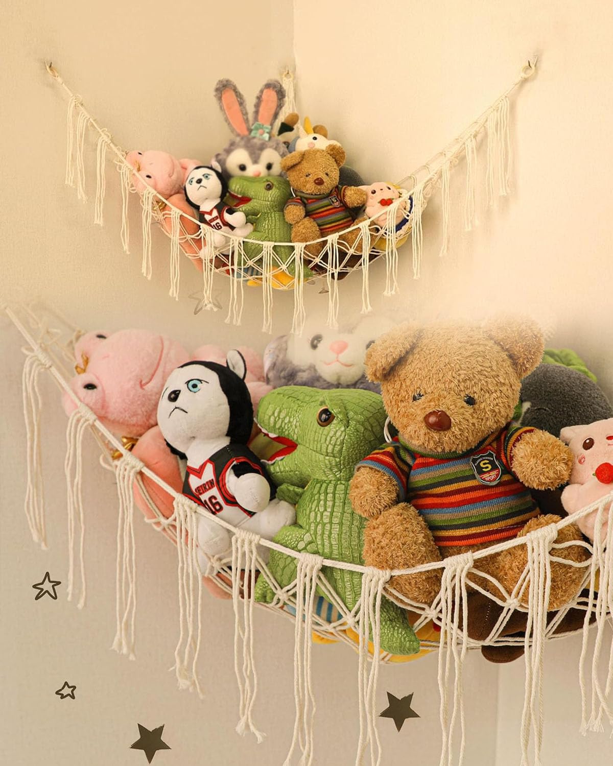 Hamac pour animaux en peluche Rangement de jouets Filet avec 3 crochets Décoration murale chambre d'enfant
