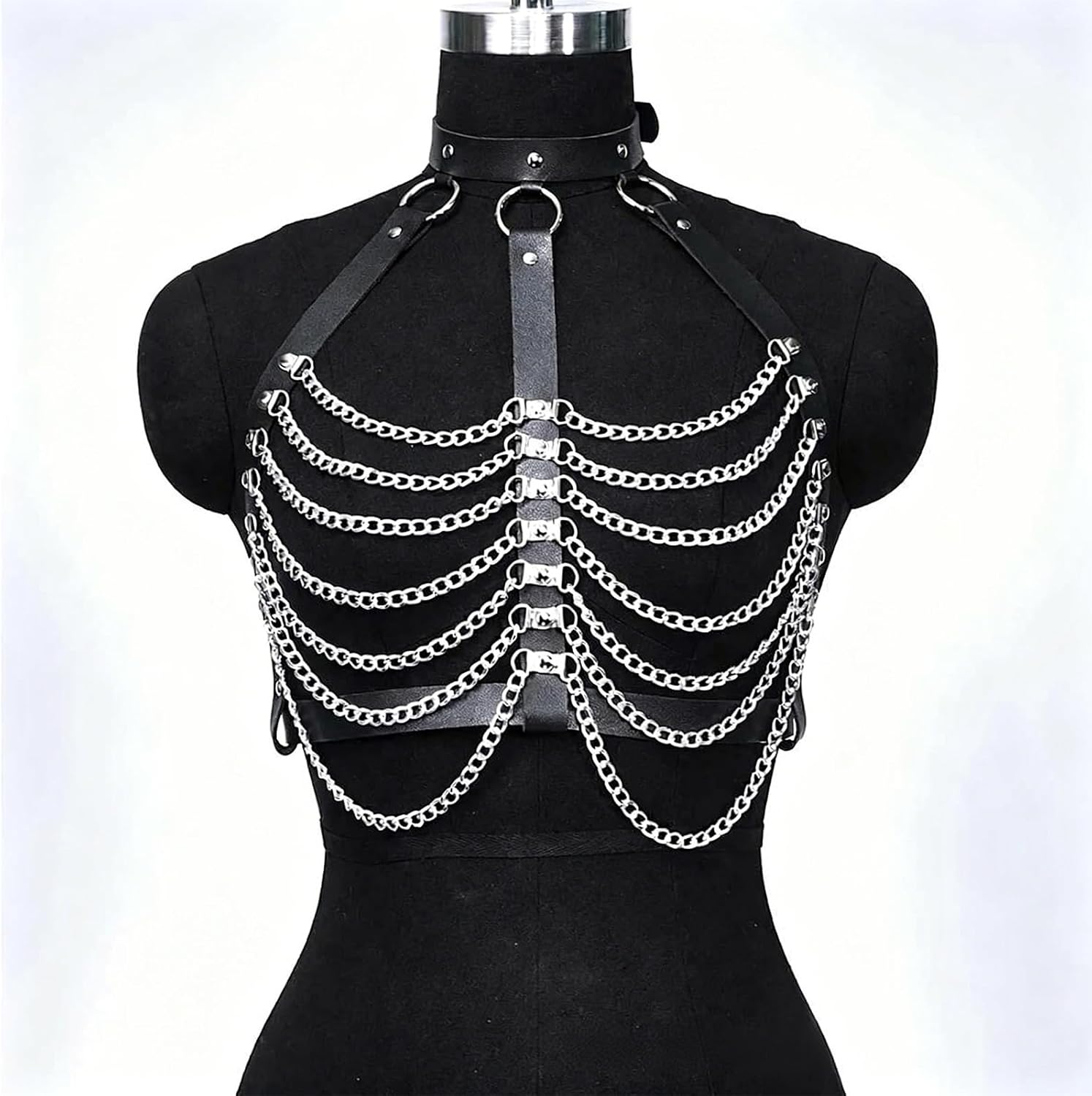Gothic Punk Chest Harness for Women - Sexy Layered Body Chain with Leather Straps, Punk Waist-Cinching Style for Rave, Cosplay, Mardi Gras, Valentine's Day Body Jewelry Black