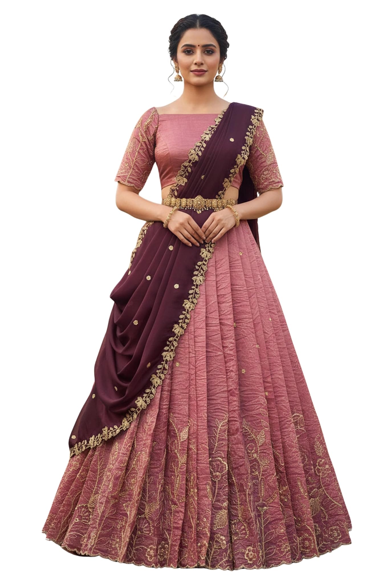 Beautiful South Indian Style Unstitch Gold Crush Lehenga Choli Half Saree with Embroidery Blouse for Women | PL240-image-22