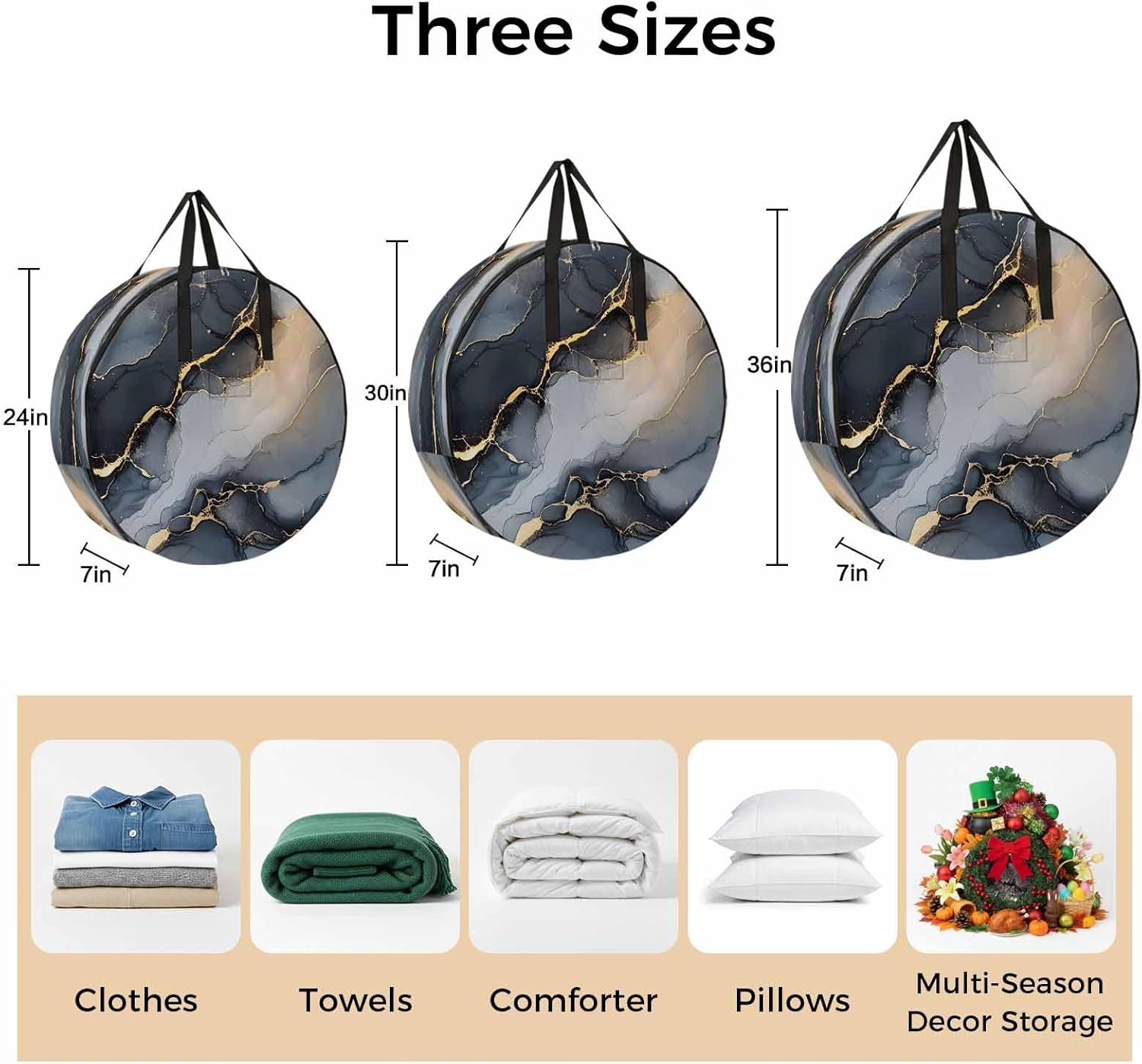 Abstract Marble Texture Round Storage Bag 24 Inch, Grey Shinny Gold Gradient Art Clothes Storage Container with Handles Heavy Duty Organizer for Comforter, Bedding & Holiday Wreaths