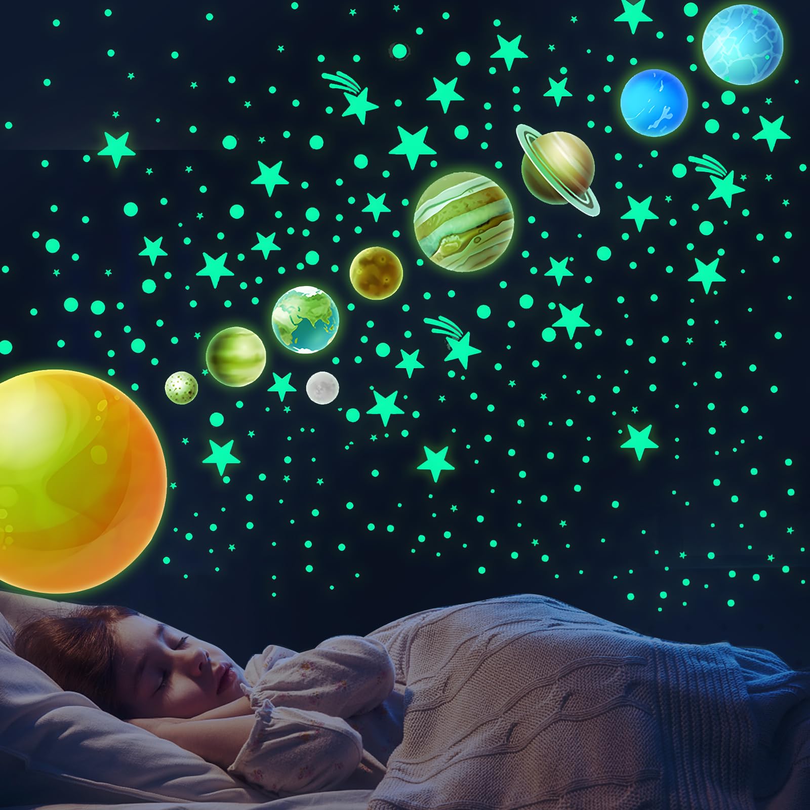 445 Pcs Glow in The Dark Planets Wall Stickers Set, Luminous Magic Starry Sky Wall Stickers, DIY Sensory Fluorescent Wall Decals, Home Wall Decor for Children's Room/Kindergarten/Ceiling/Living Room