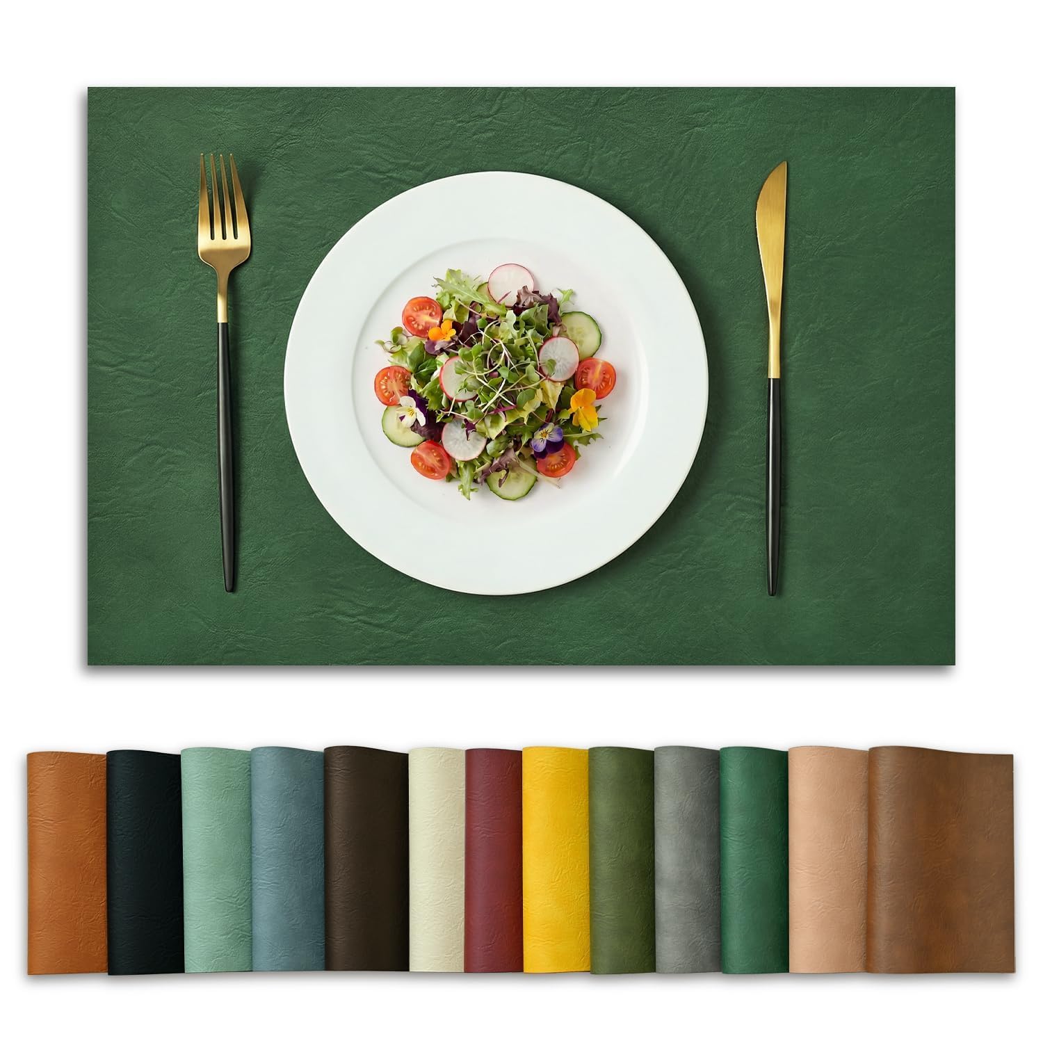 Artoid Mode Dark Green Faux Leather Placemats Set of 6, 30 x 45 cm PU Leather Heat-Resistant Table Mats for Party Kitchen Dining Decoration