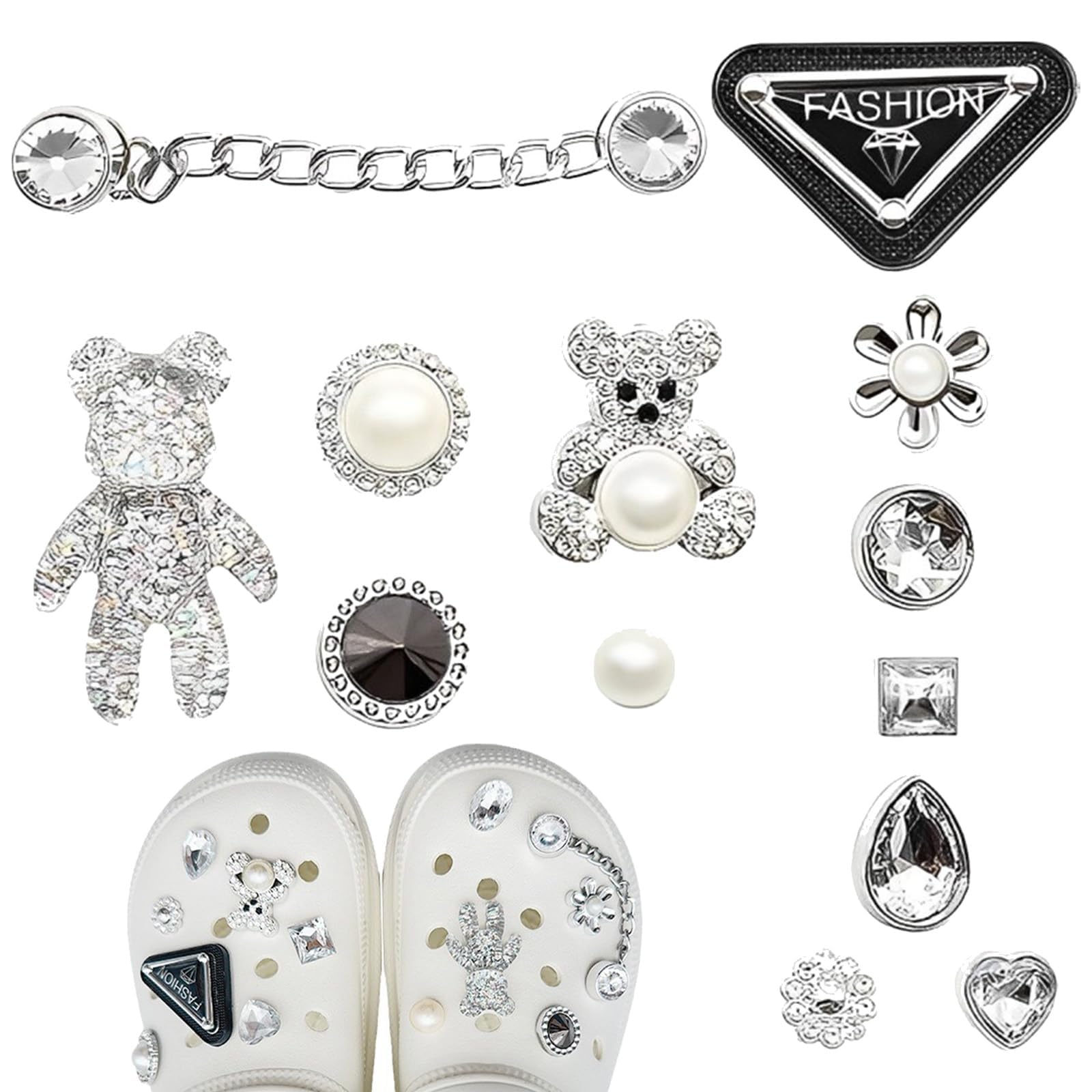 13 PCS Silver Crystal Diamond Shoe Charms - DIY Sandals Accessories With Cute Bear, Flower, Pearl Chain for Women Girls Shoes - Birthday Party Gift