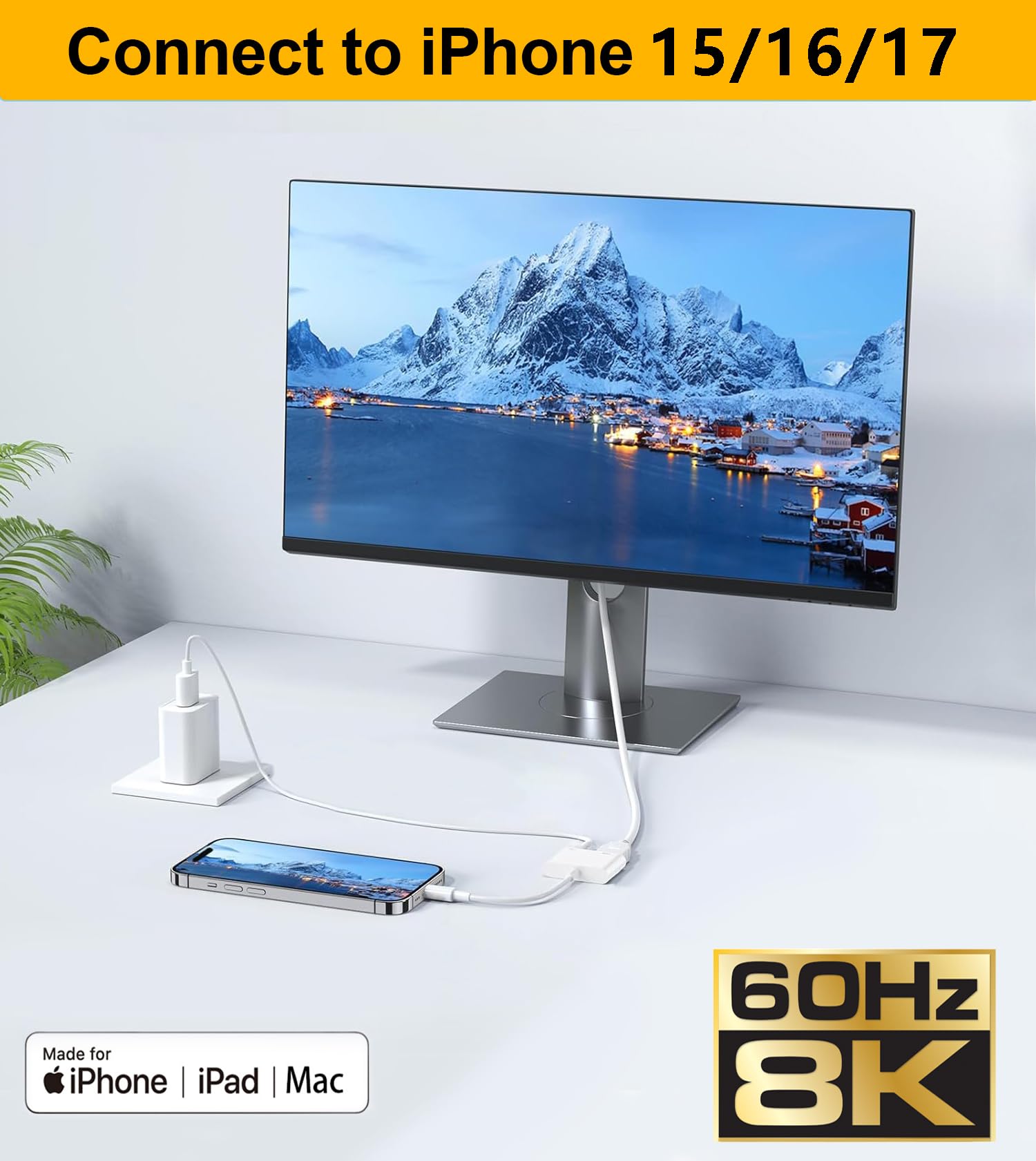 Apple Adapter USB-C na HDMI 8K przy 60 Hz do iPhone'a 15 16 17 MacBook Pro Air iPad Pro, certyfikat MFi, USB 3.1, typ C, cyfrowy AV HDMI 2.1, przewód kompatybilny z Samsung Galaxy S26/S25/S24/S23 i