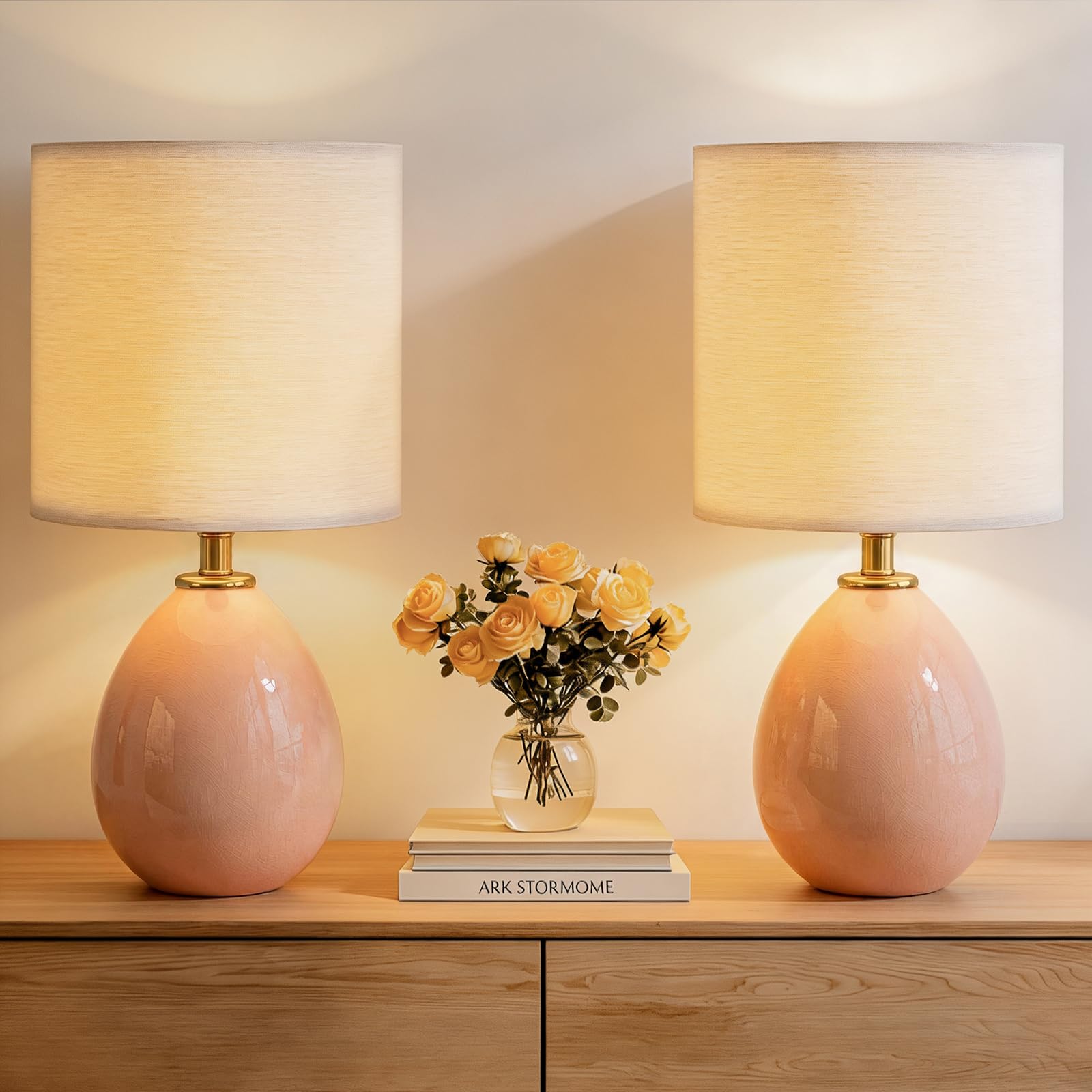 Dawnwake Bedside Lamps Set of 2, 18.5" Small Table Lamps with Ceramic Base & Linen Shade, 3-Way Dimmable Warm White Light, Modern Nightstand Lamps for Living Room, Bedroom [Energy Class F] (Pink)