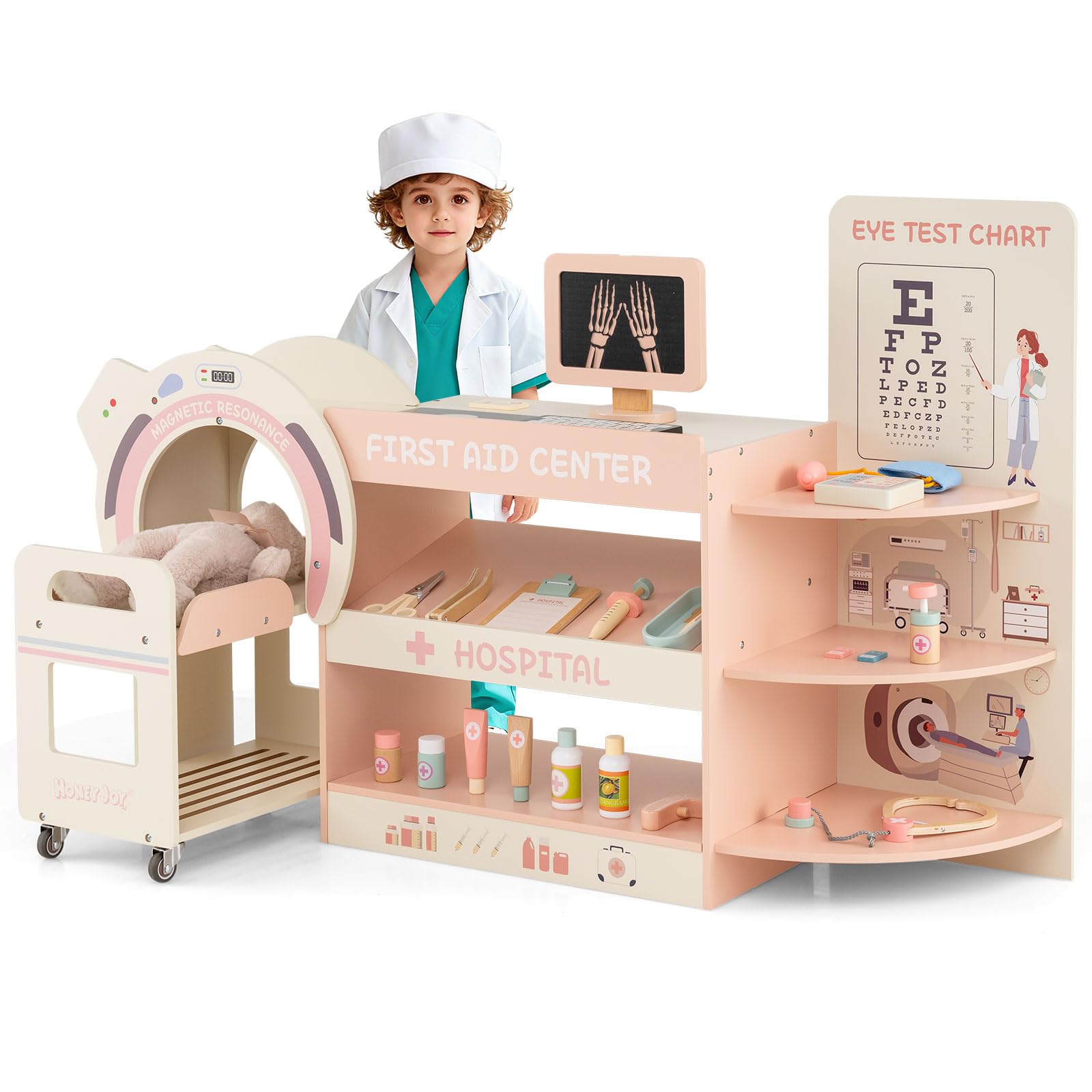 COSTWAY Centro Médico de Juguete, Juguete Médico Infantil de Madera con Culista, Láminas Intercambiables, Carrito y Accesorios, Juego de Doctor Montessori con Almacenamiento para Niños (Rosa)