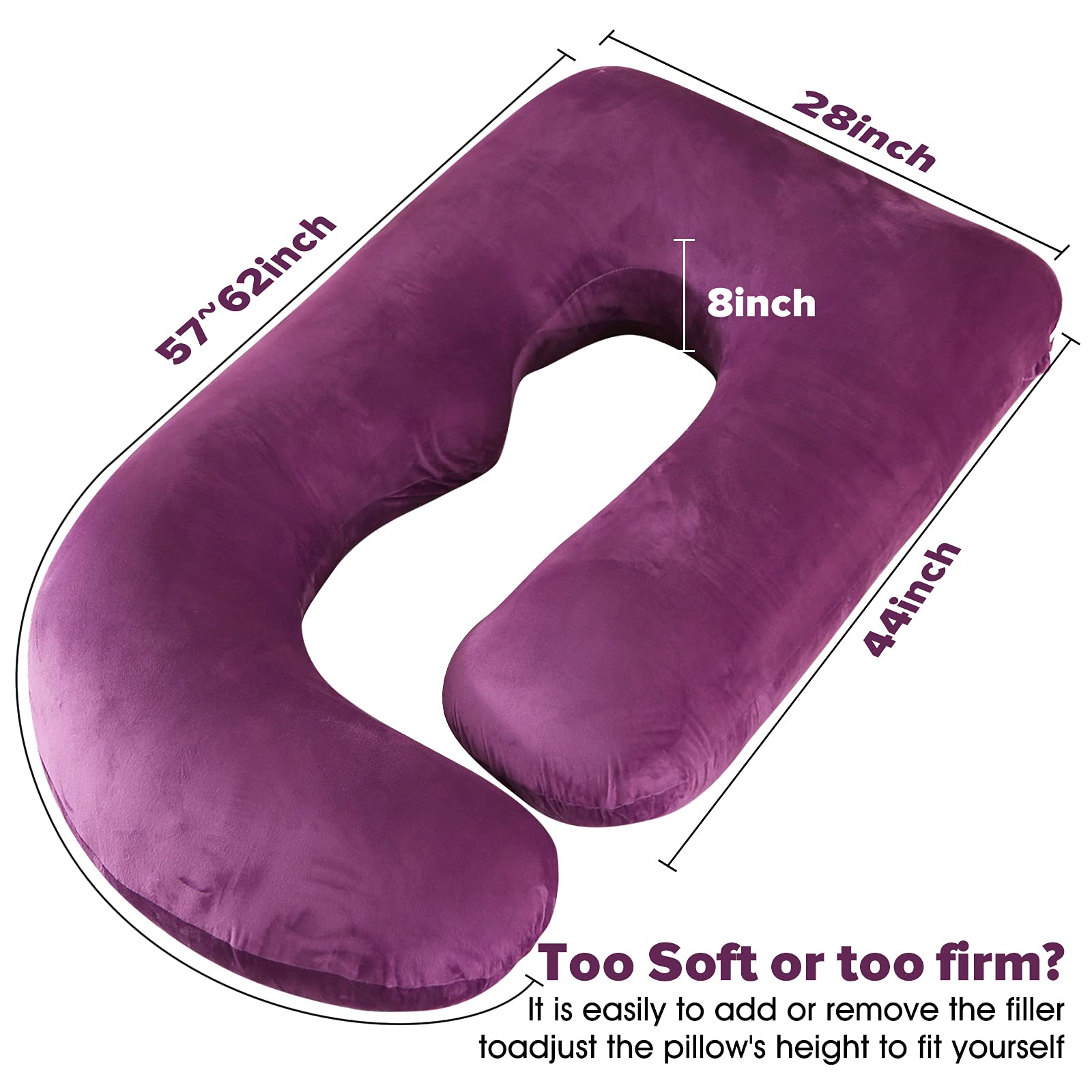 Elover Almohadas de embarazo, almohada de cuerpo completo en forma de U para apoyo al dormir, almohada de maternidad de 57 pulgadas para mujeres embarazadas con funda extraíble (terciopelo, morado
