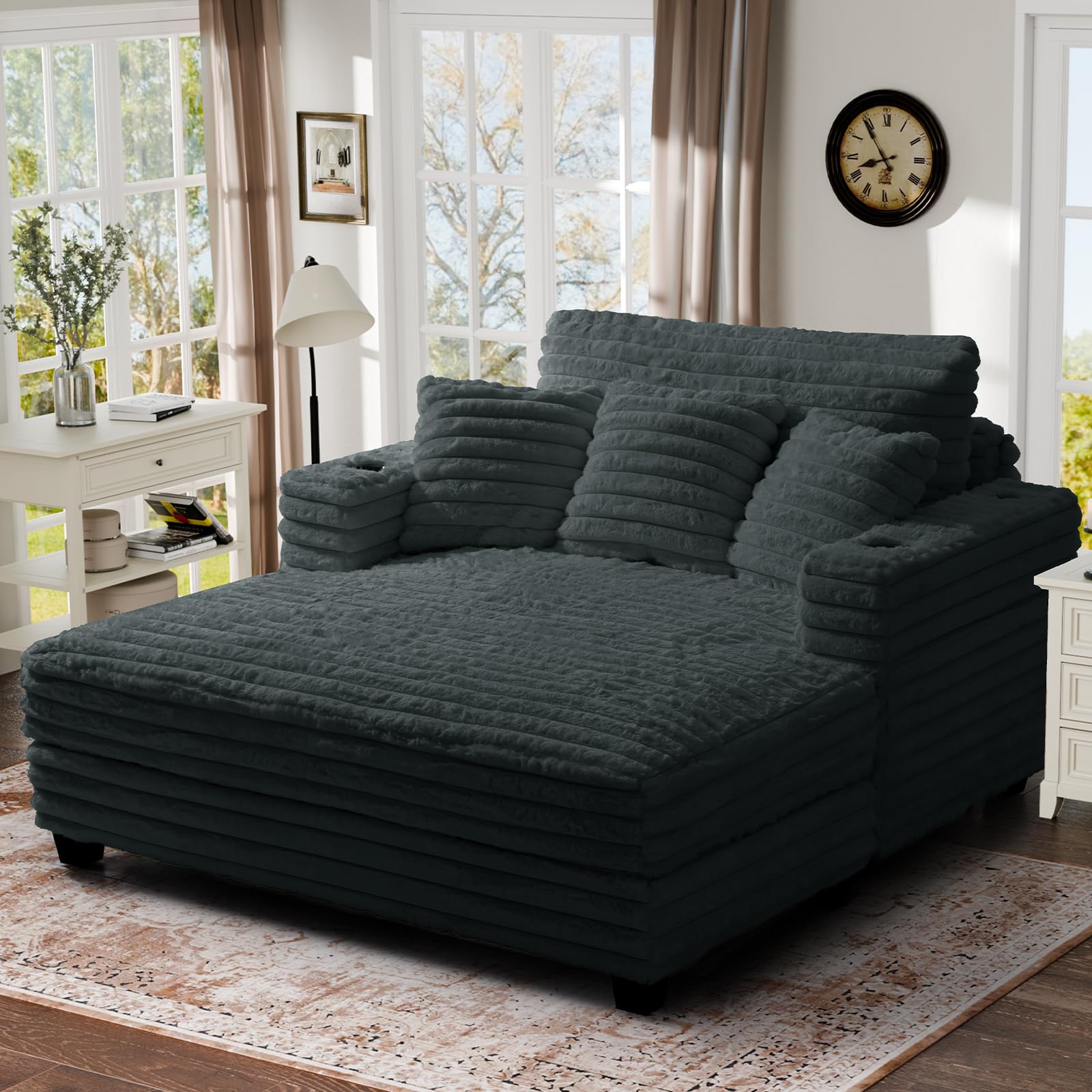 HUSFU 60'' Chaise Lounge Chair Indoor, Oversized Sleeper Sofa, Chaise Lounge Reading Chairs for w/Cup Holder and USB&Type C Port, Fluffy Plush Faux