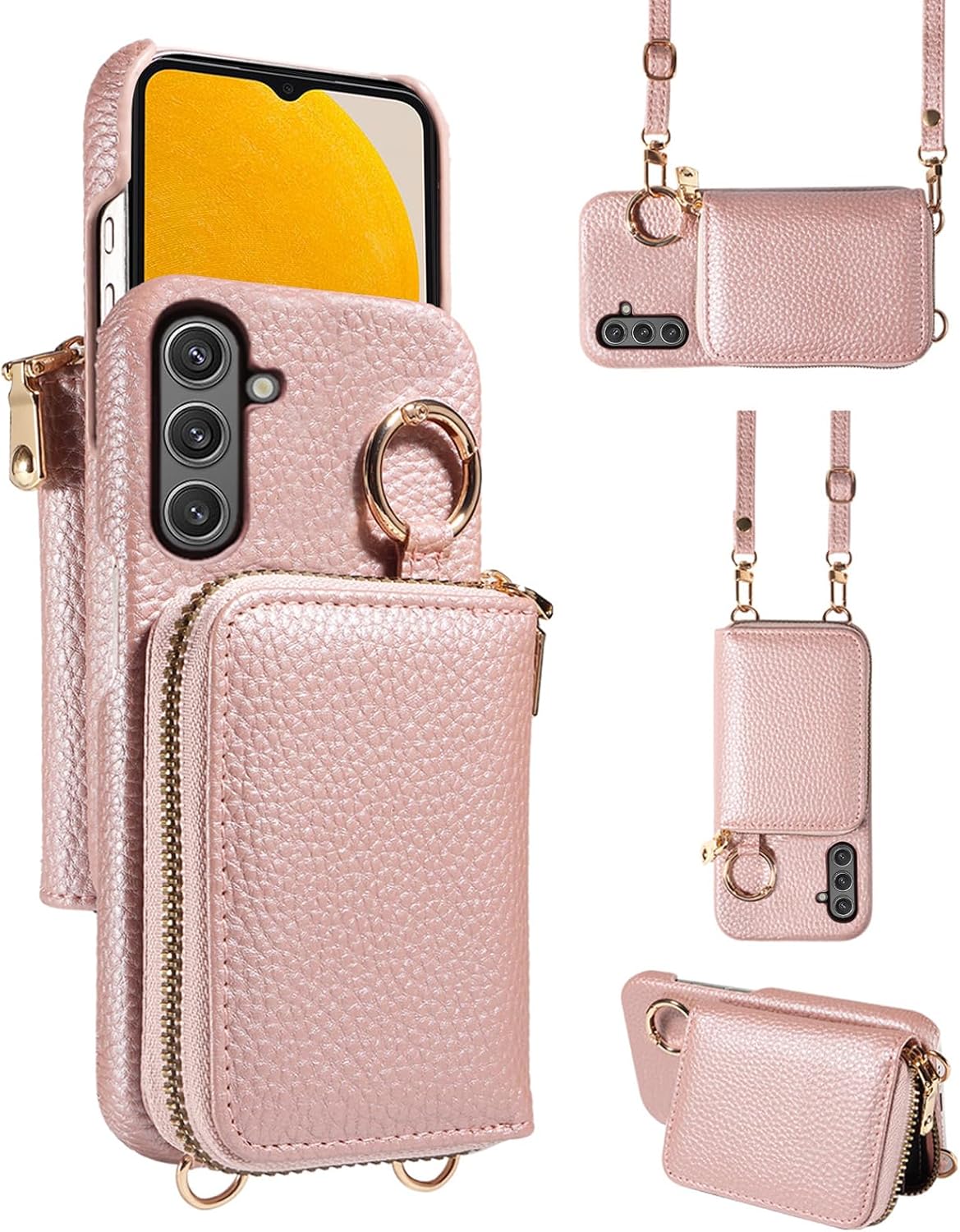 Wallet Case for Samsung Galaxy A13 5G with Shoulder Strap Ring Buckle, PU Leather Zipper Organ Purse, Card Holder Stand Cell Phone Cover for A04S M13 G5 A 13 2022 13A A135G SM A136U Rose Gold
