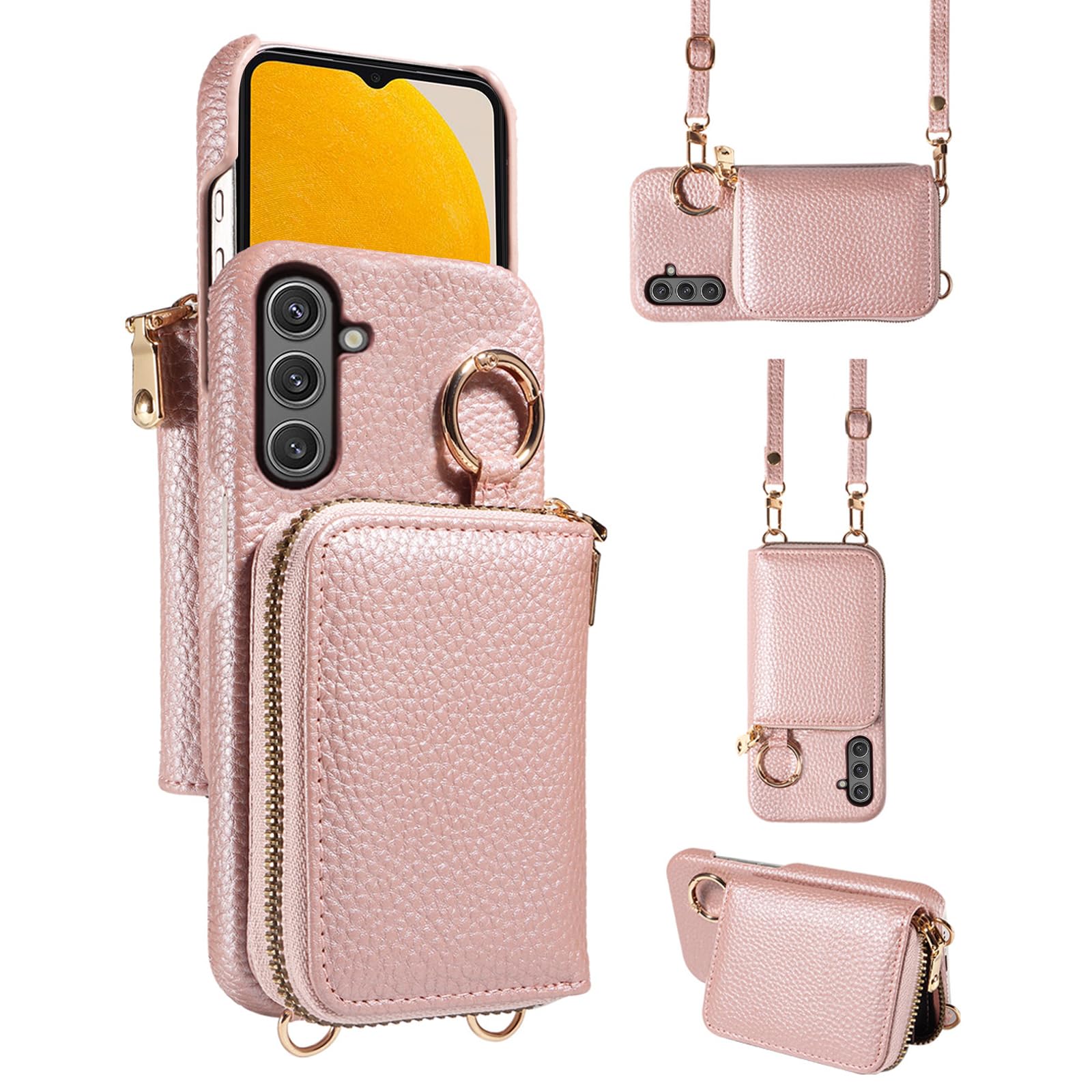 Furiet Wallet Case for Samsung Galaxy A13 5G with Shoulder Strap Ring Buckle, PU Leather Zipper Organ Purse, Card Holder Stand Cell Phone Cover for