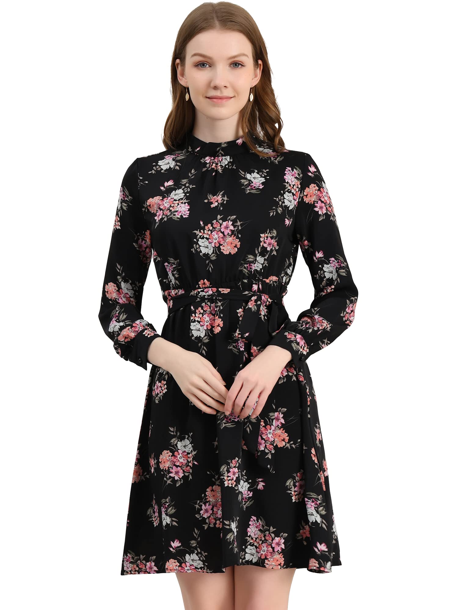 Allegra KWomen's Mock Neck Swing Knee Length Long Sleeve A-line Floral Dress