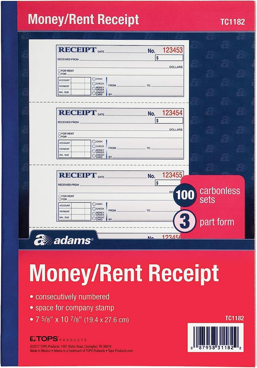 Adams Money and Rent Receipt Book, 3-Part, Carbonless, White/Canary/Pink,7 5/8" x 10 7/8", 100 Sets per Book (TC1182) (12 pack) (two 6 packs)