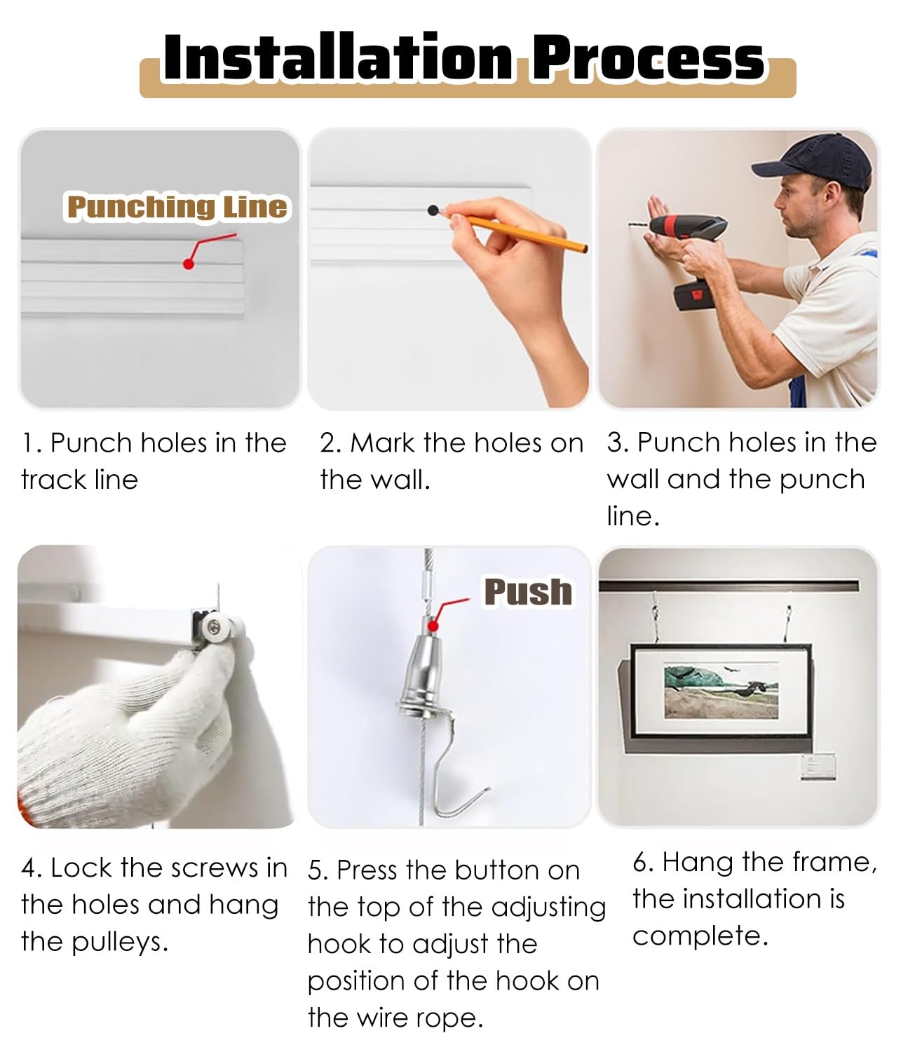 Kit de ganchos de cable ajustables para colgar pinturas impresiones y fotos, incluye tapa de pista de 4.9 pies y ganchos de riel, perfecto para carteles personalizados y exhibiciones de lienzo