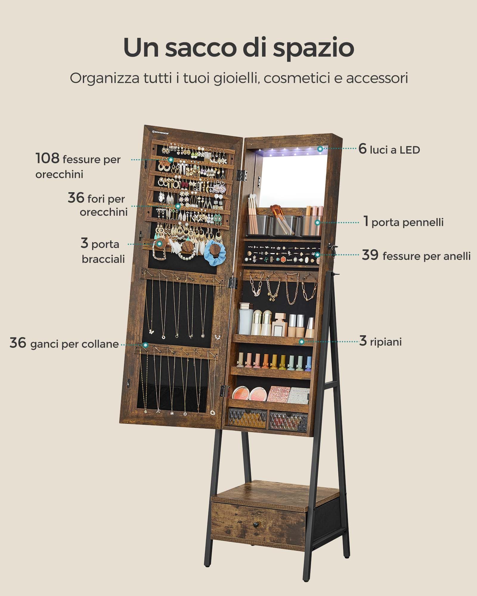 SONGMICS Specchio Portagioie con Luce LED, Specchiera Portagioie da Terra, Armadietto Portagioielli con Specchio a Figura Intera, Cassetto e Ripiano, Idea Regalo, Marrone Vintage JJC025X01