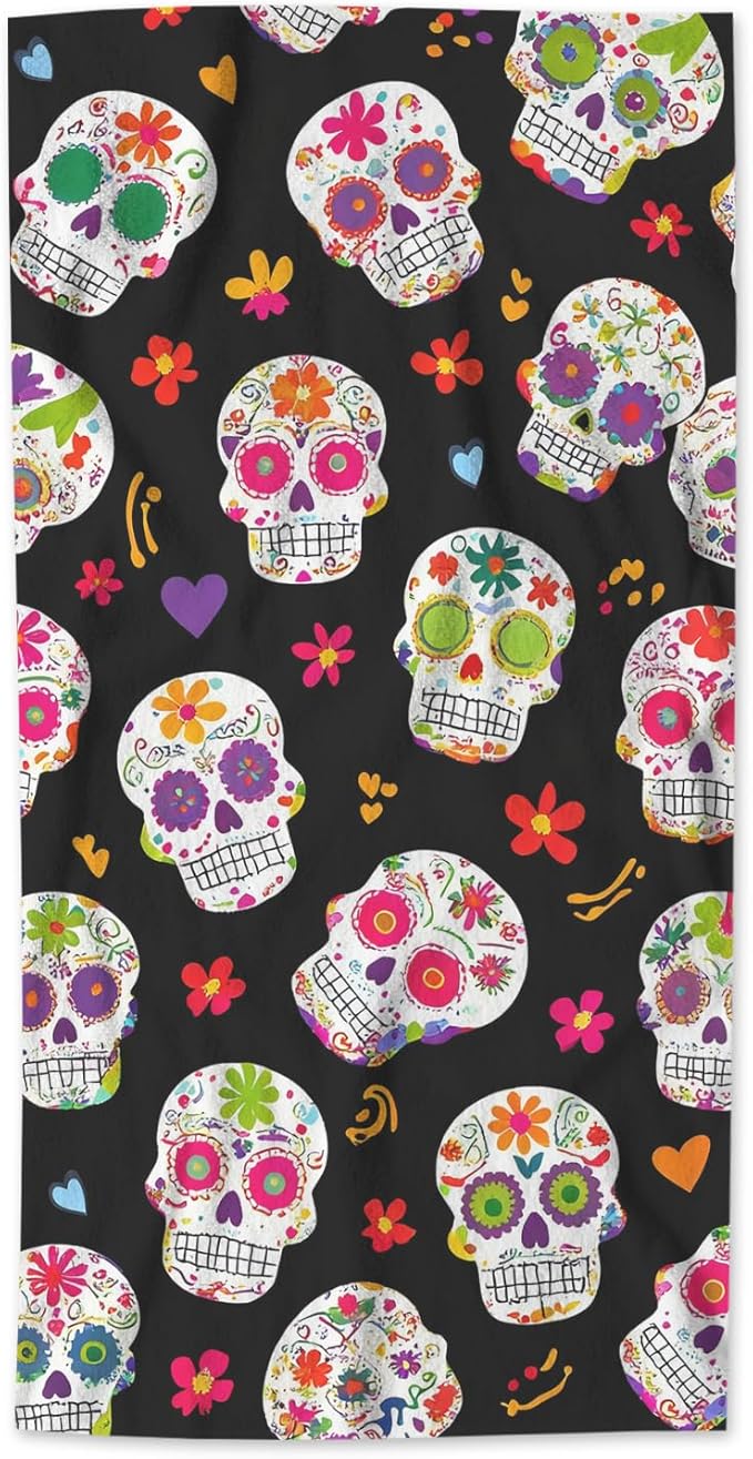 AOYEGO Skull Hand Towel Sugar Skull Flower Skeleton Head Halloween Day of The Dead Towels Cotton Face Towel Bath Kitchen Decor Set for Women Men Girls Boys 15x30 Inch