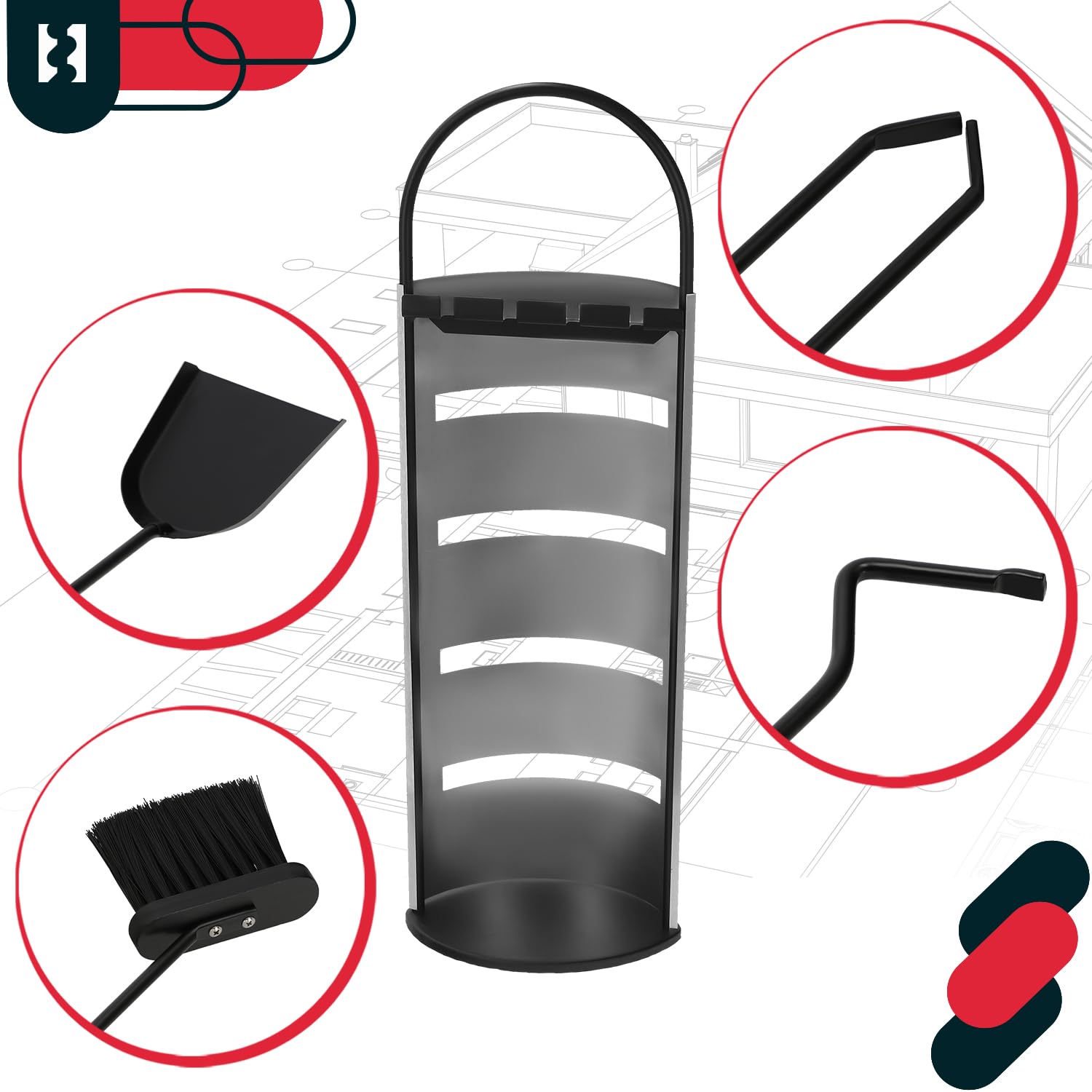 KOTARBAU® Juego de Herramientas para Chimenea de Acero Inoxidable, Set de 5 Piezas: Escoba, Pala, Pinzas y atizador de Ceniza con Soporte de pie, Herramientas para Chimenea, Estufa, Plateado Negro