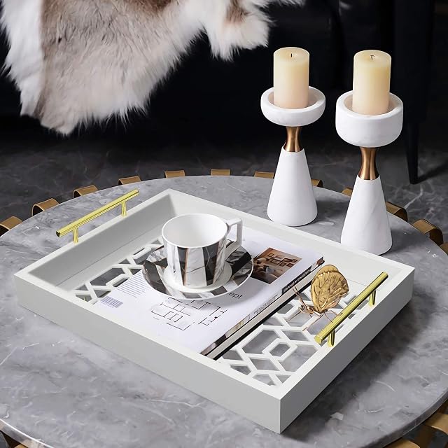 Decorative Tray with Polished Metal Handles, Rectangle Large Plastic Serving Trays for Jewelry Perfume Organizer on Countertop, Hollow Carved Pattern Decor Trays (White)