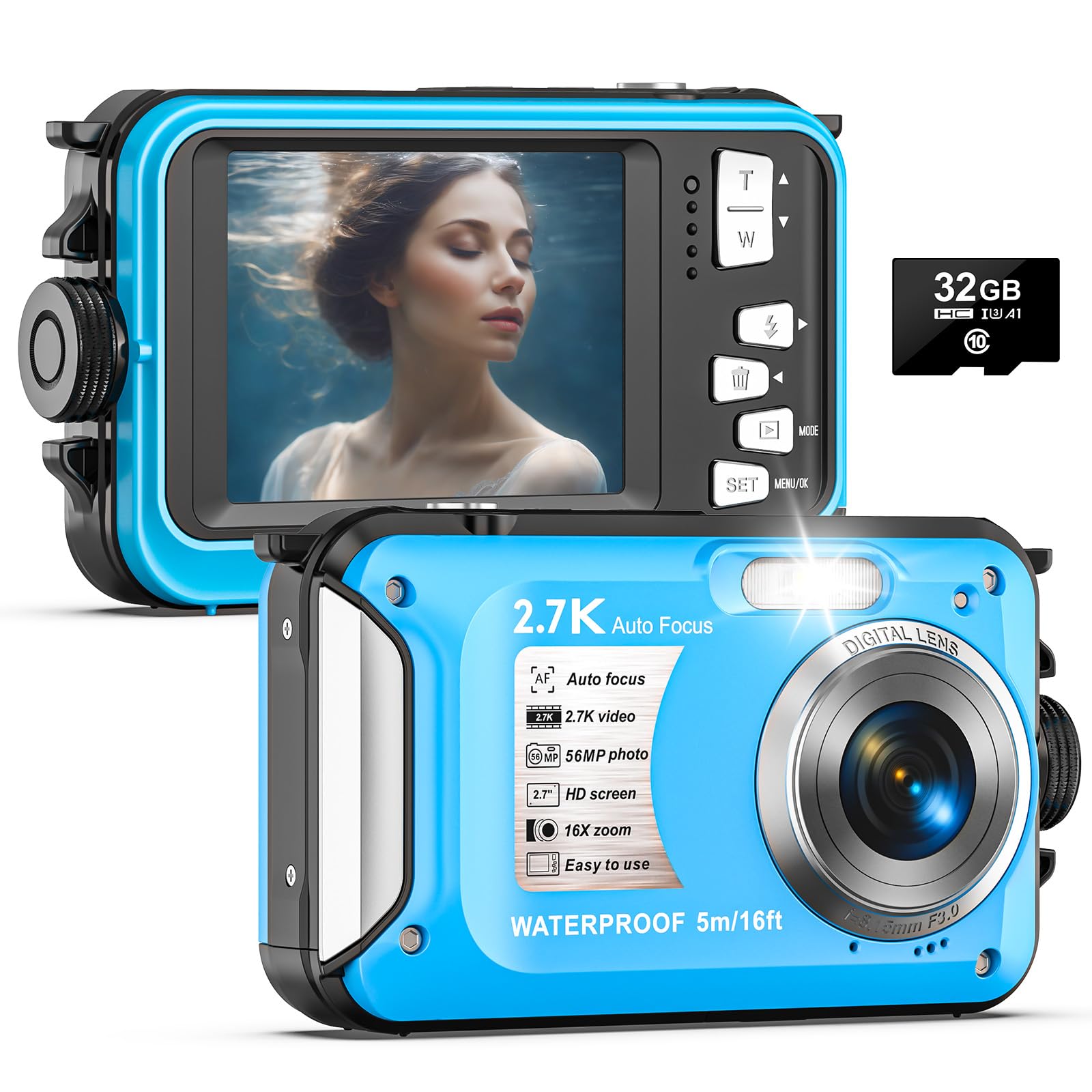 Unterwasserkamera 2.7K Digitalkamera wasserdichte 56MP Autofokus wasserdichte Kamera Fotokamera mit 32GB Karte