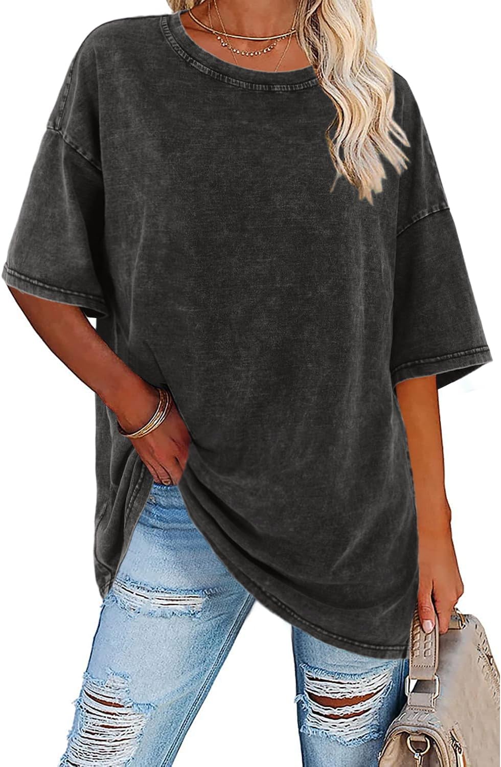 Imily Bela Womens Oversized T Shirts Vintage Cotton Tees Crewneck Short Sleeve Washed Summer Tunic Tops