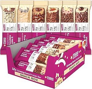MaxiNutrition Creamy Core Bar MIX BOX, 6 Sorten (12 Riegel x 45 g), Jede Sorte enthält mindestens 14 g Eiweiß pro Riegel, Low Sugar, ohne Zuckerzusatz, ohne künstliche Aromen