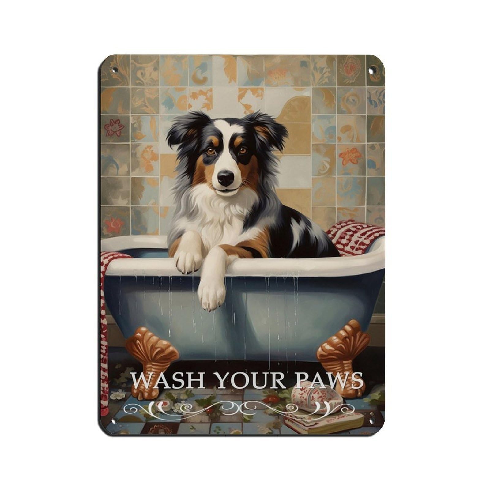 Australian Shepherd in Bath Retro Poster Metal Tin Sign Chic Art Retro Iron Painting Bar People Cave Cafe Family Garage Poster Wall Decoration 12x16inch(30x40cm)