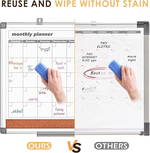 Miniatura 5 de MAKELLO Calendario de borrado en seco para pared, calendario de pizarra blanca con tablero de corcho para oficina, familia, escuela, cocina y