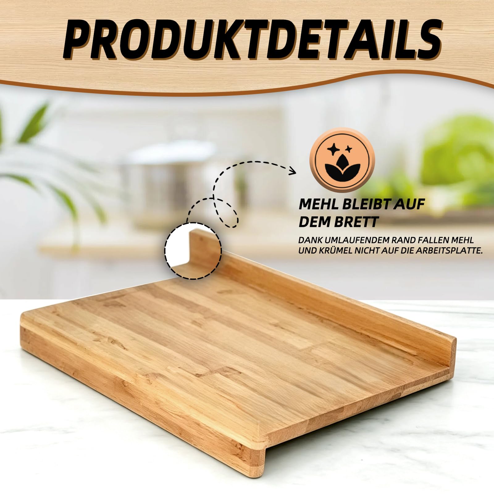 Holzbackbrett 70x50 cm – Teigbrett, Schneidebrett & Servierbrett | Rutschfest – Ideal zum Ausrollen von Teig, Schneiden & Servieren. Große Fläche für Brot, Gebäck & Snacks. Pflegeleicht.