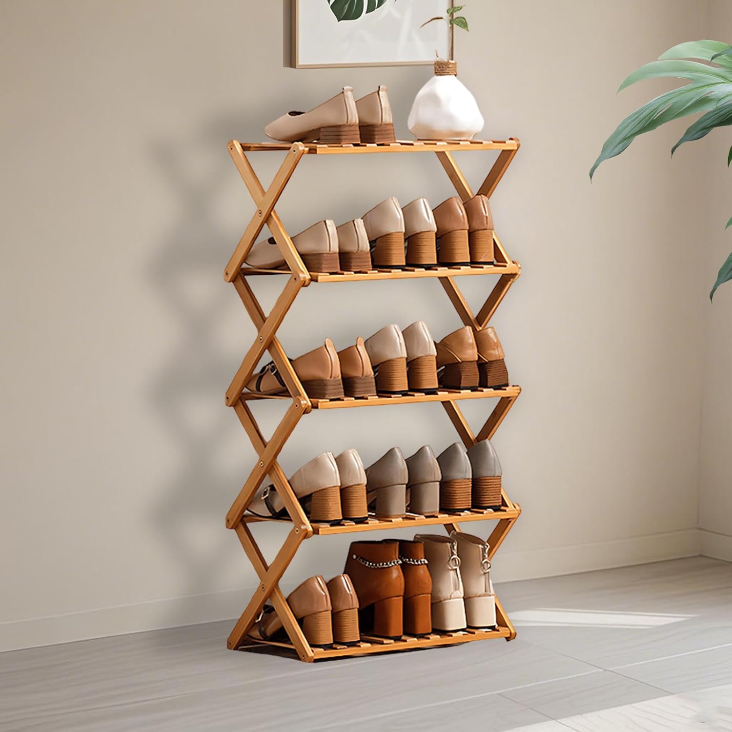 Jessie Bamboo Shoe Rack,Free Standing Shoe Rack for Closet,Portable Folding Shoe Storage Rack, Space Saving,Shoe Shelf for Bedroom Entryway Hallway Closet Living Room (Primary-5 Tier)