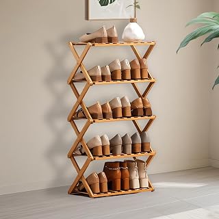 Jessie Bamboo Shoe Rack,Free Standing Shoe Rack for Closet,Portable Folding Shoe Storage Rack, Space Saving,Shoe Shelf for Bedroom Entryway Hallway Closet Living Room (Primary-5 Tier)
