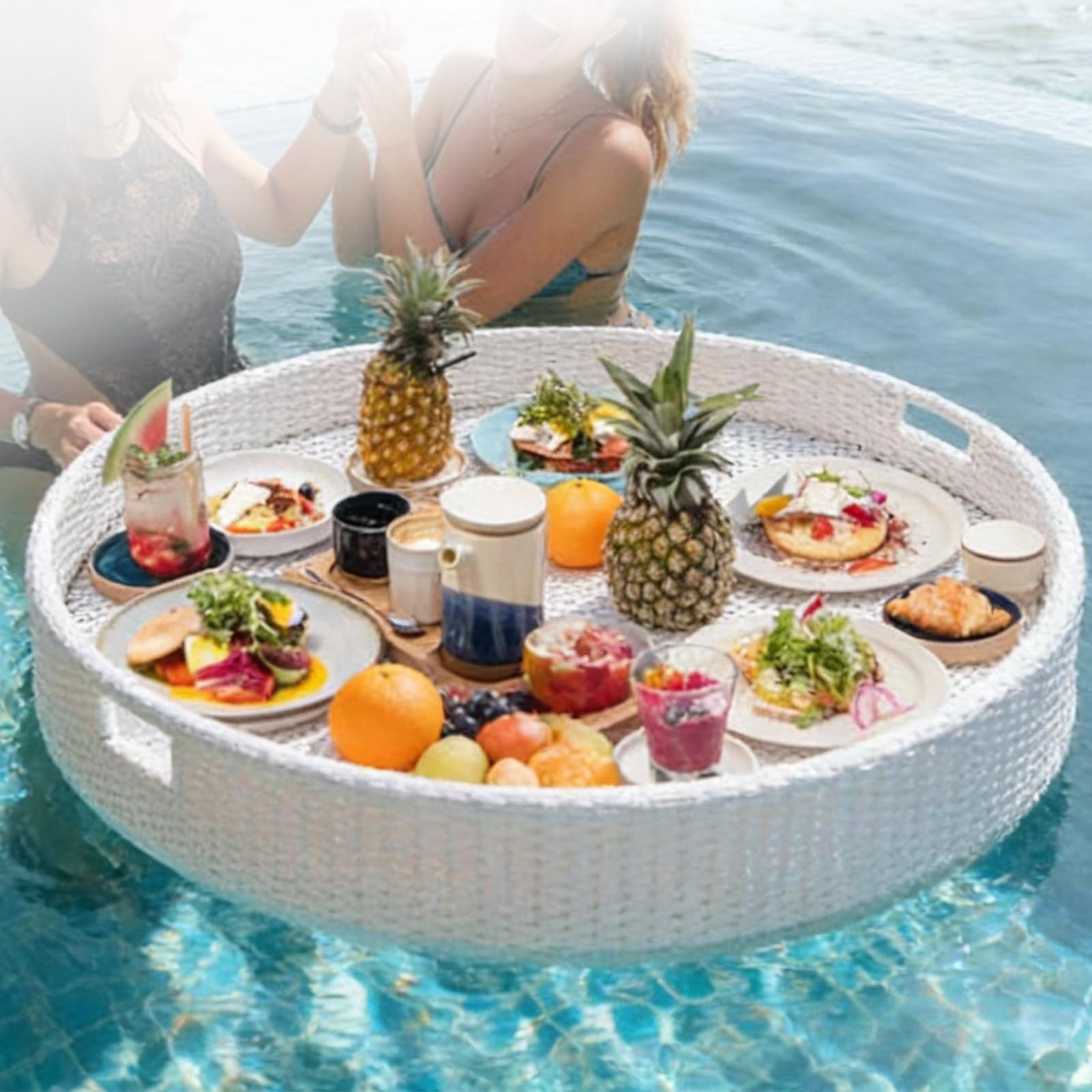 Schwimmendes Buffet Tablett Mit Griffen,Rundes Rattan Design,Stabil Und Wasserdicht,Serviert Speisen Und Getränke,Ideal Für Pool,Whirlpool,See Und Gartenparty White-80 * 80 * 20cm
