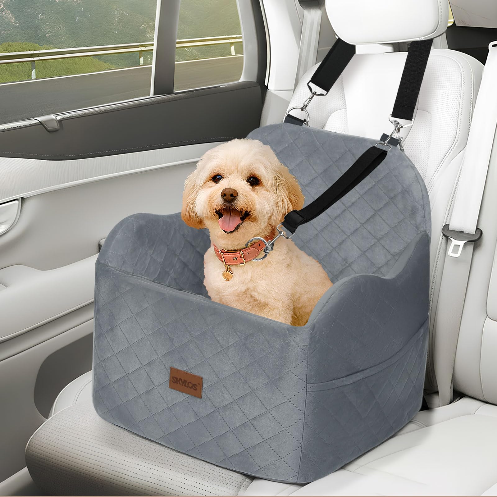 Dog Car Seat for Small/Medium Dogs, Elevated Dog Booster Seat for Dogs Up to 16KG, Puppy Car Bed with Thick Cushion, Washable Pet Travel Carrier Bed with Detachable Cover and Storage Pockets (Grey)