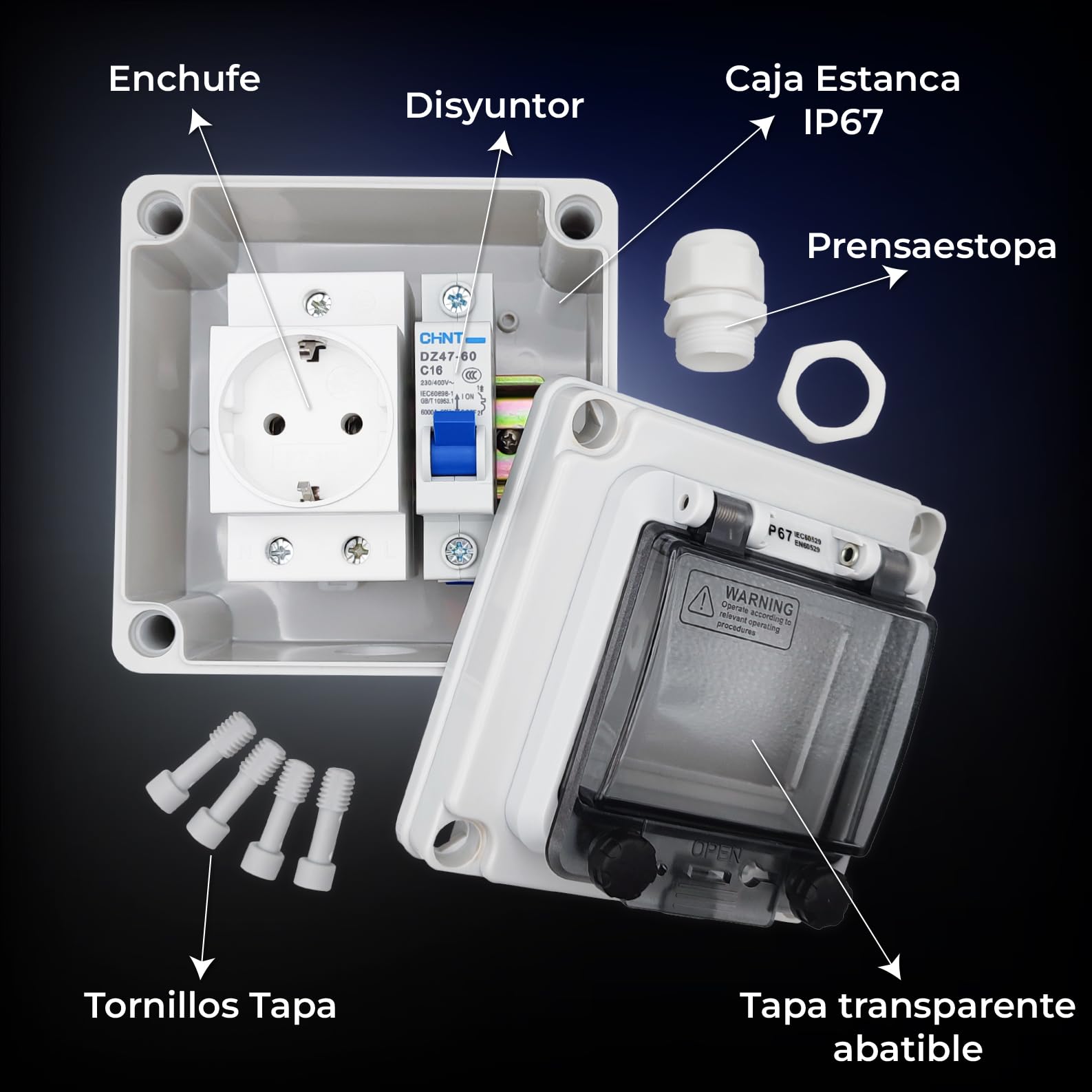 LED ATOMANT 4x Enchufe en Caja Estanca IP67 para Exterior con Disyuntor