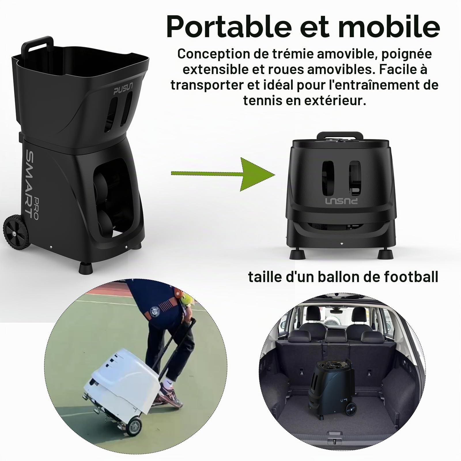 PUSUN Machine à Balles de Tennis, PT-Smart Pro Lanceur de Tennis de Padel pour Entraînement Professionnel, Exercice IA/Programmation/Aléatoire, Triple contrôle via App/iWatch/Télécommande, Capacité