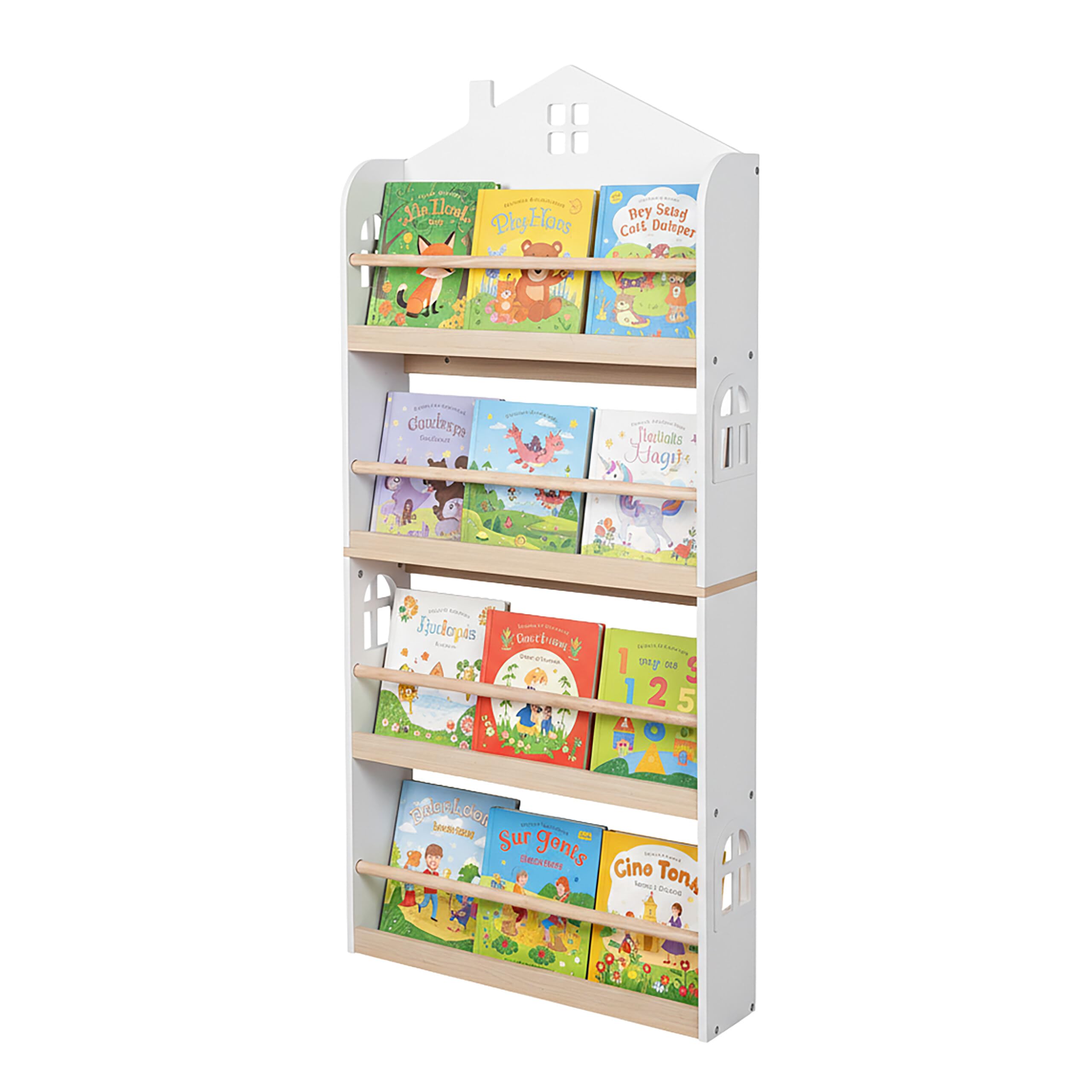 Relaxdays Étagère Livres Murale Enfants 4 Compartiments, Maison, Blanc/Naturel 130x60x15 cm
